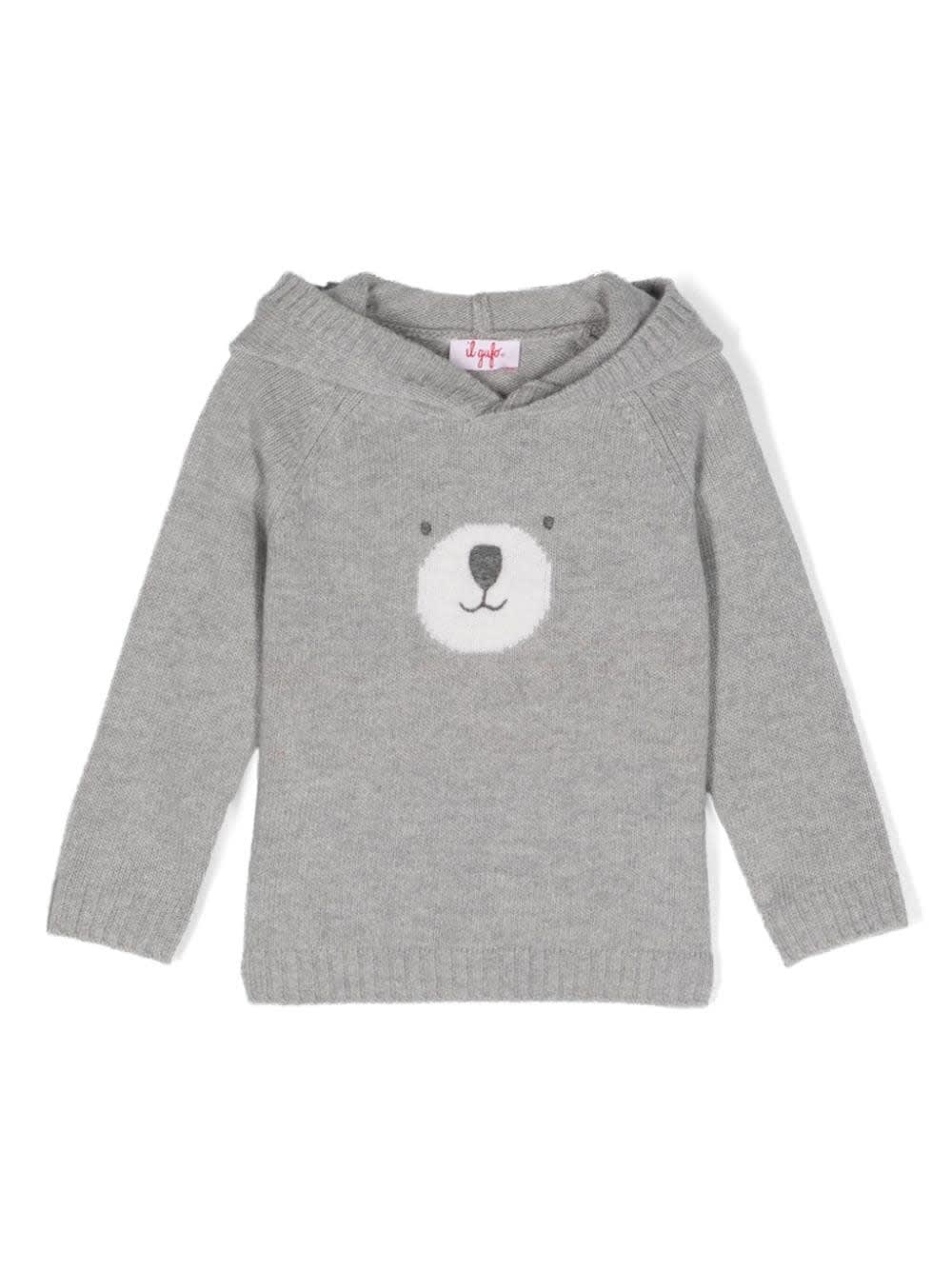 IL GUFO GREY SWEATER WITH HOOD AND BEAR SNOUT