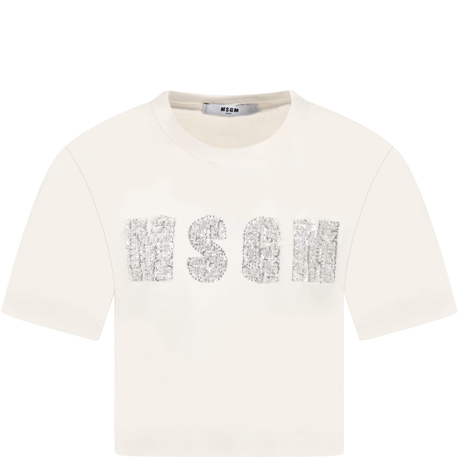 MSGM Ivory T-shirt For Girl With Silver Logo