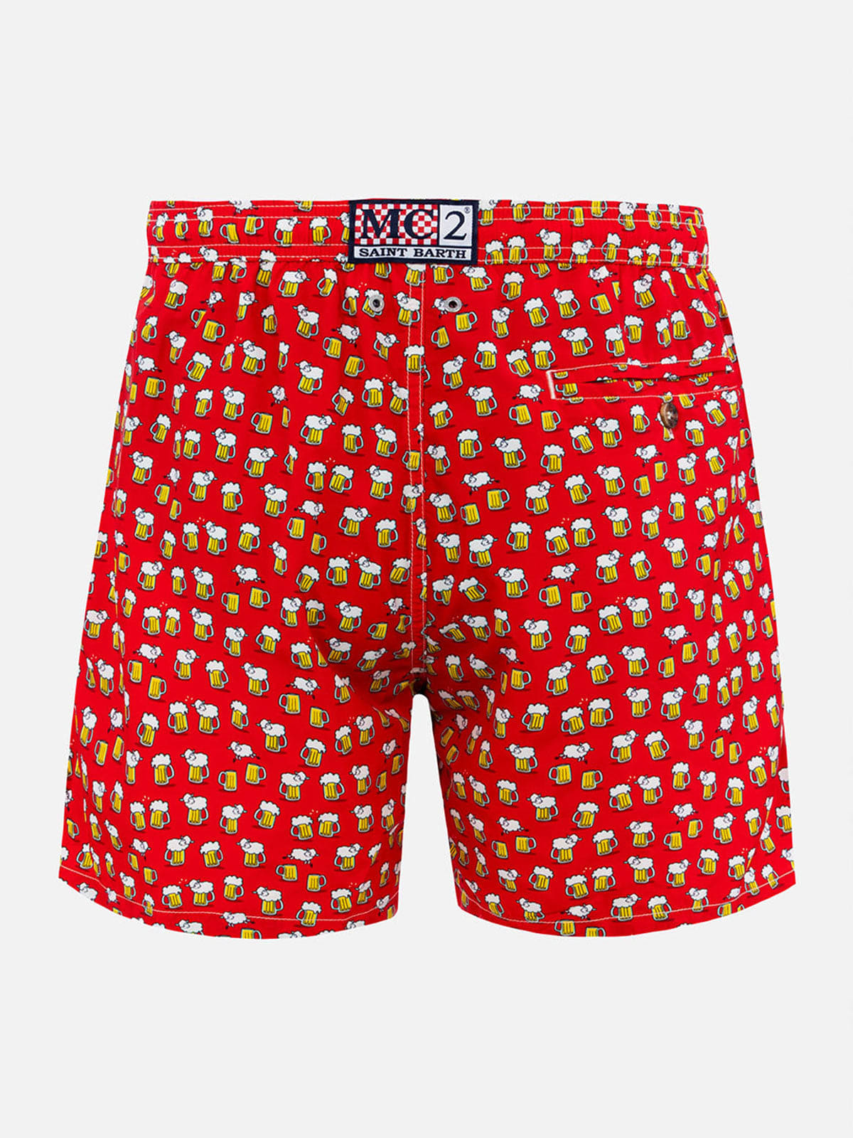 Mc2 Saint Barth Man Lightweight Fabric Swim-shorts Lighting Micro Fantasy With Beer Print In Red