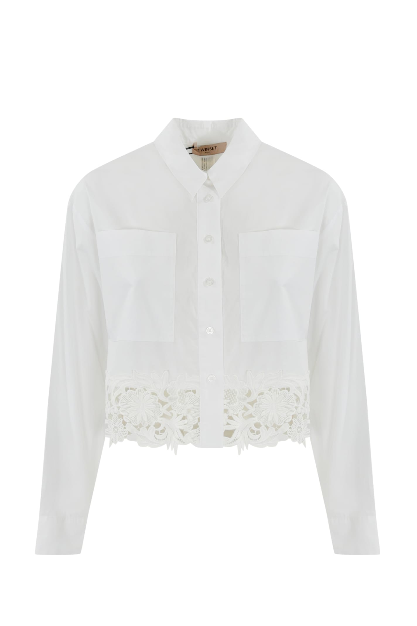 Twinset Twin-set Cropped White Cotton Shirt With Delicate Lace Trim In Bianco Ottico