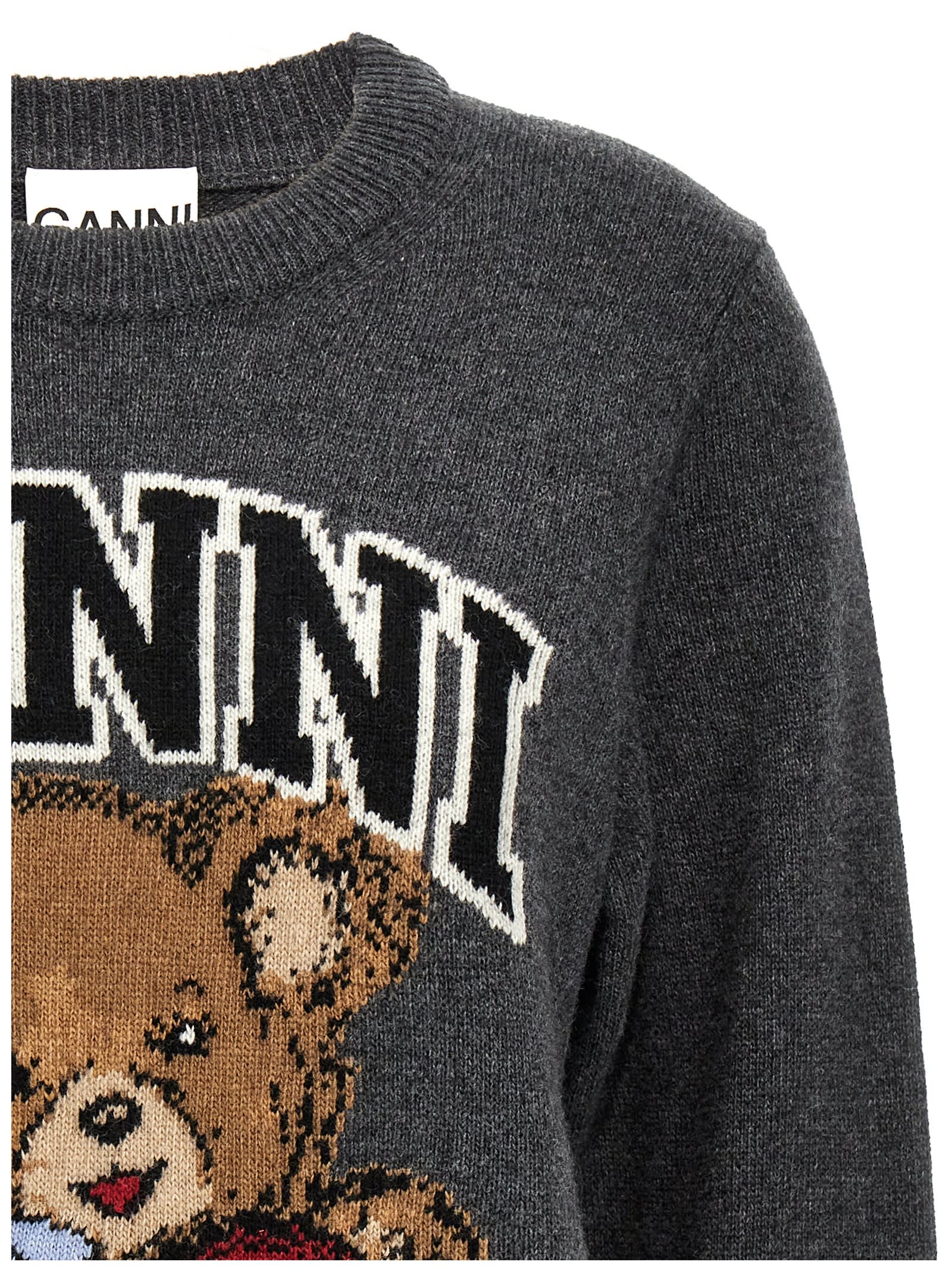 Ganni Wool Graphic Bear Crewneck Sweater In Gray