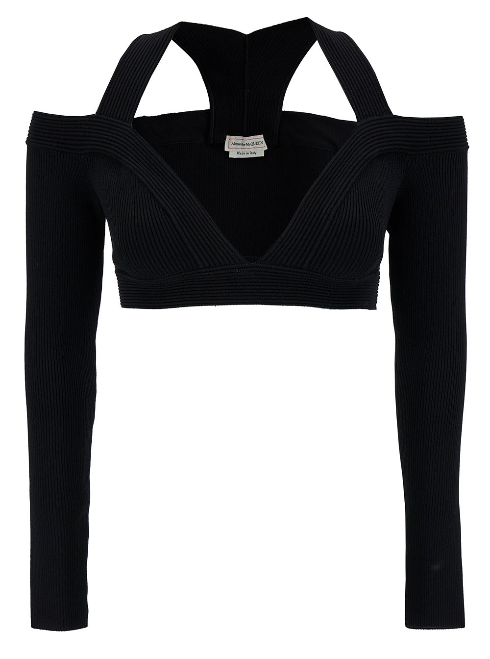Shop Alexander Mcqueen Black Cropped Top With Shoulders Cut-out In Stretch Viscose Blend Woman