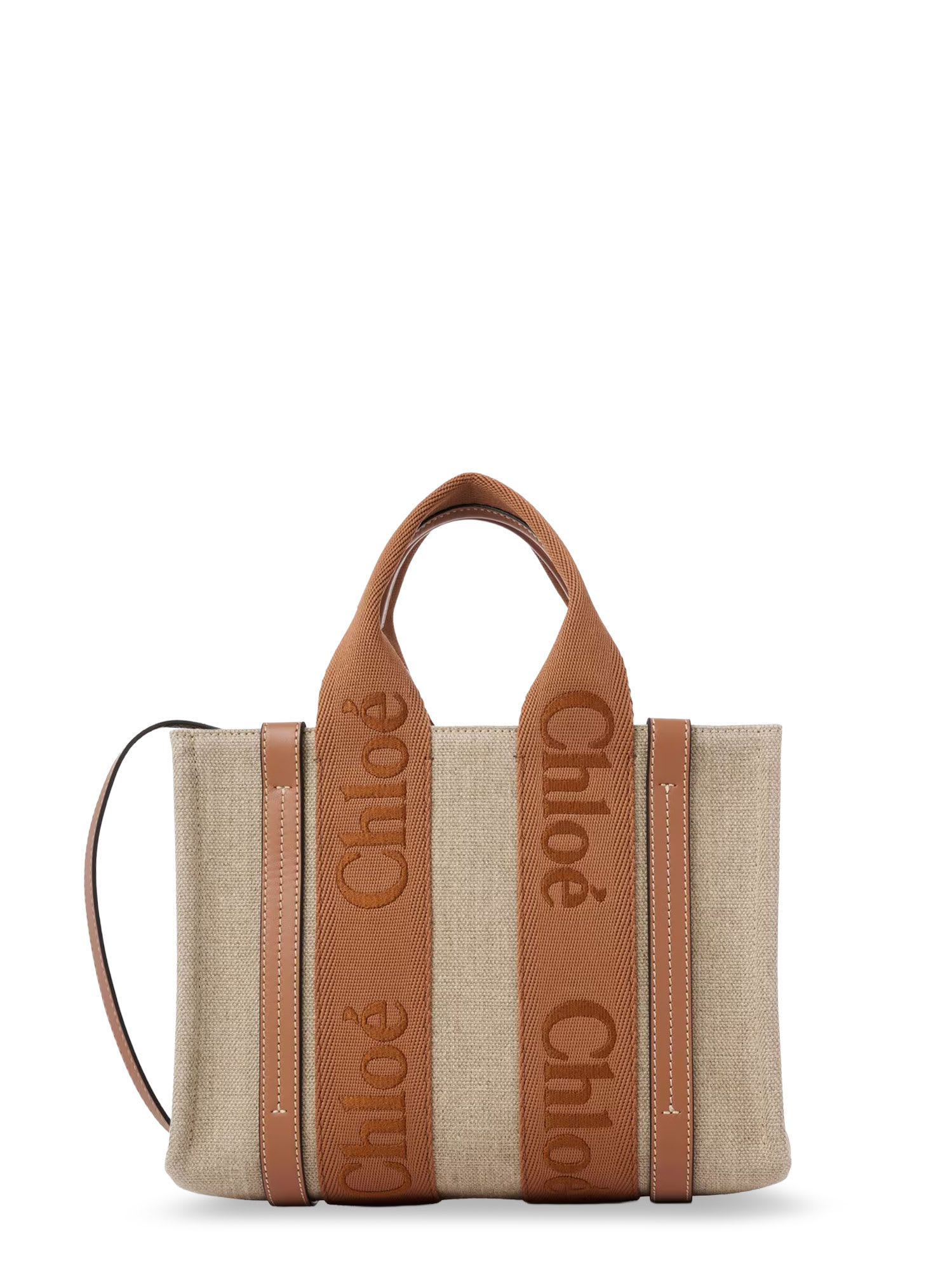 Chloé Woody Linen And Leather Tote Bag In Brown