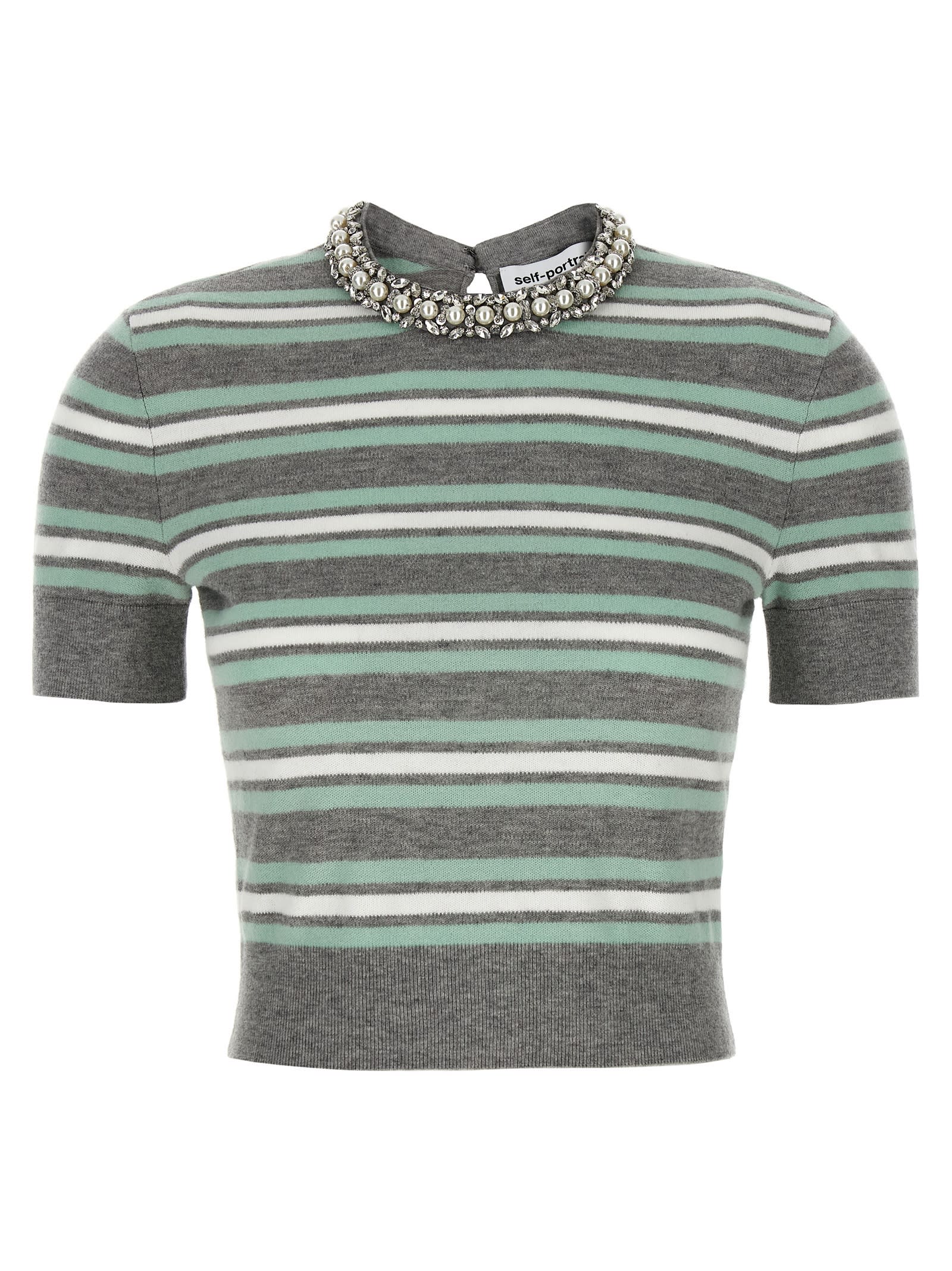 grey Striped Crystal Trim Knit Sweater