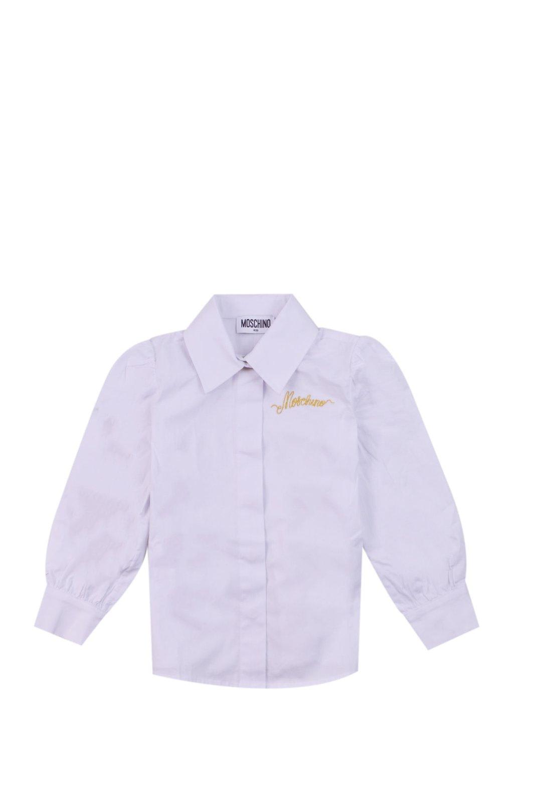 Moschino Kids' Long-sleeved Logo-embroidered Shirt In Bianco Ottico