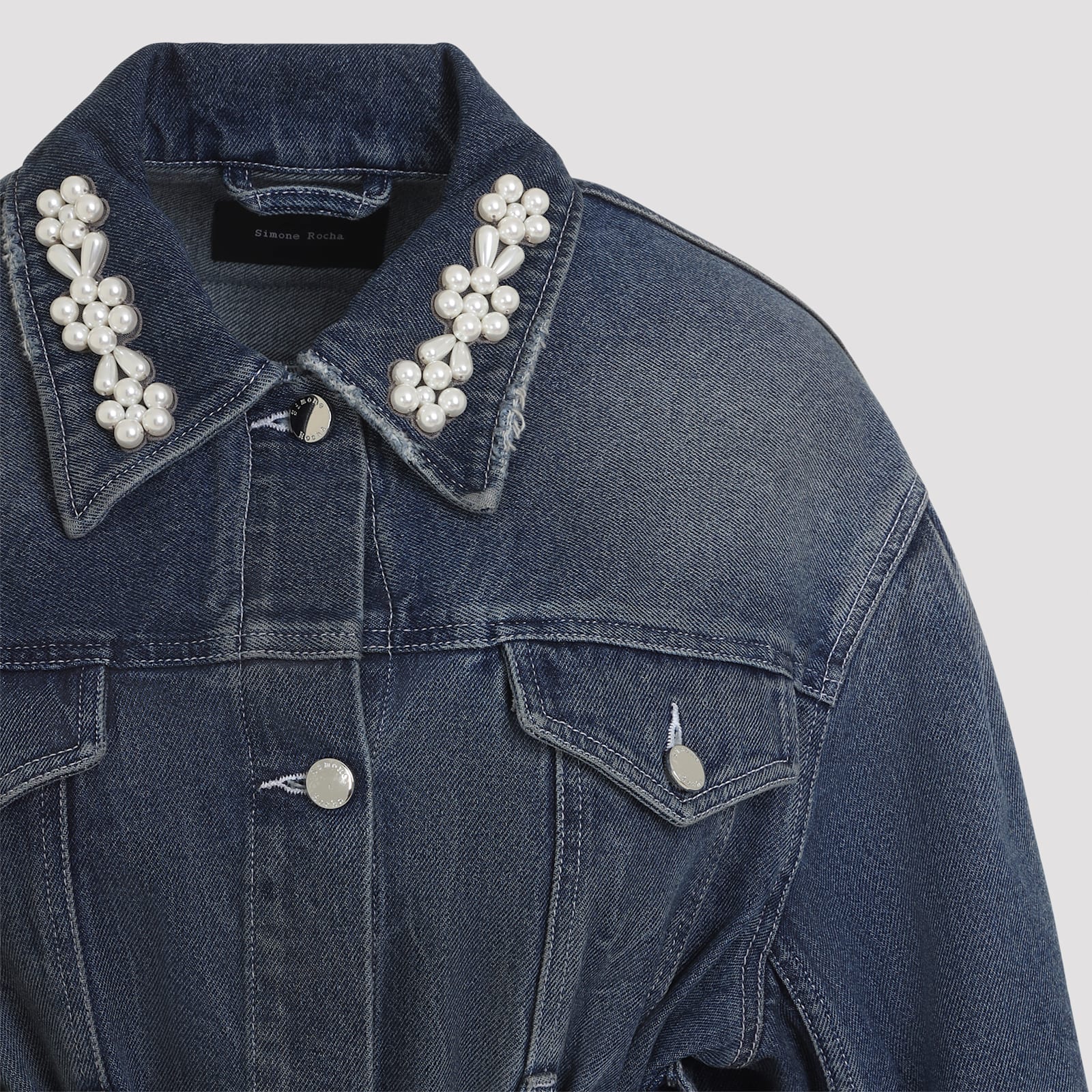 Simone Rocha Denim Jacket With Belt And Embellished Collar In Blue