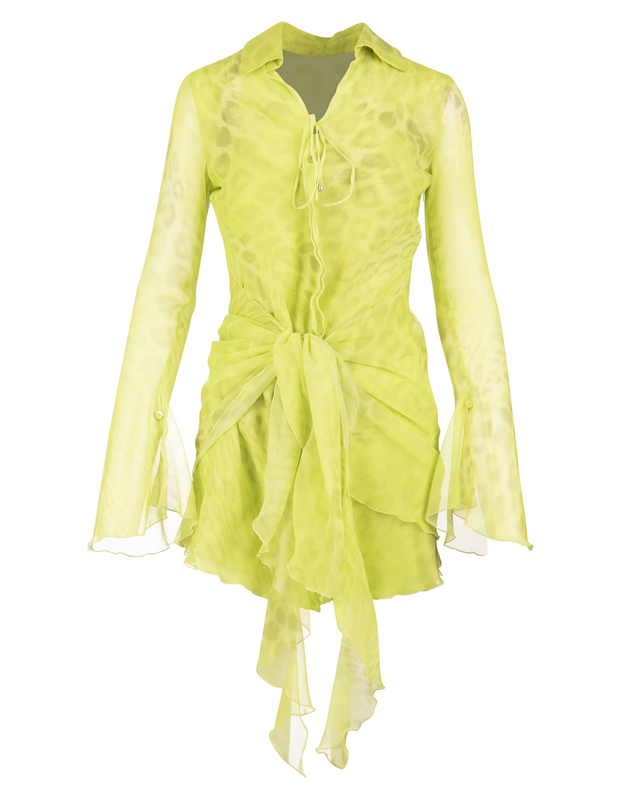 Blumarine Short Yellow Dress In Printed Silk With Ruffles And Long Sleeve