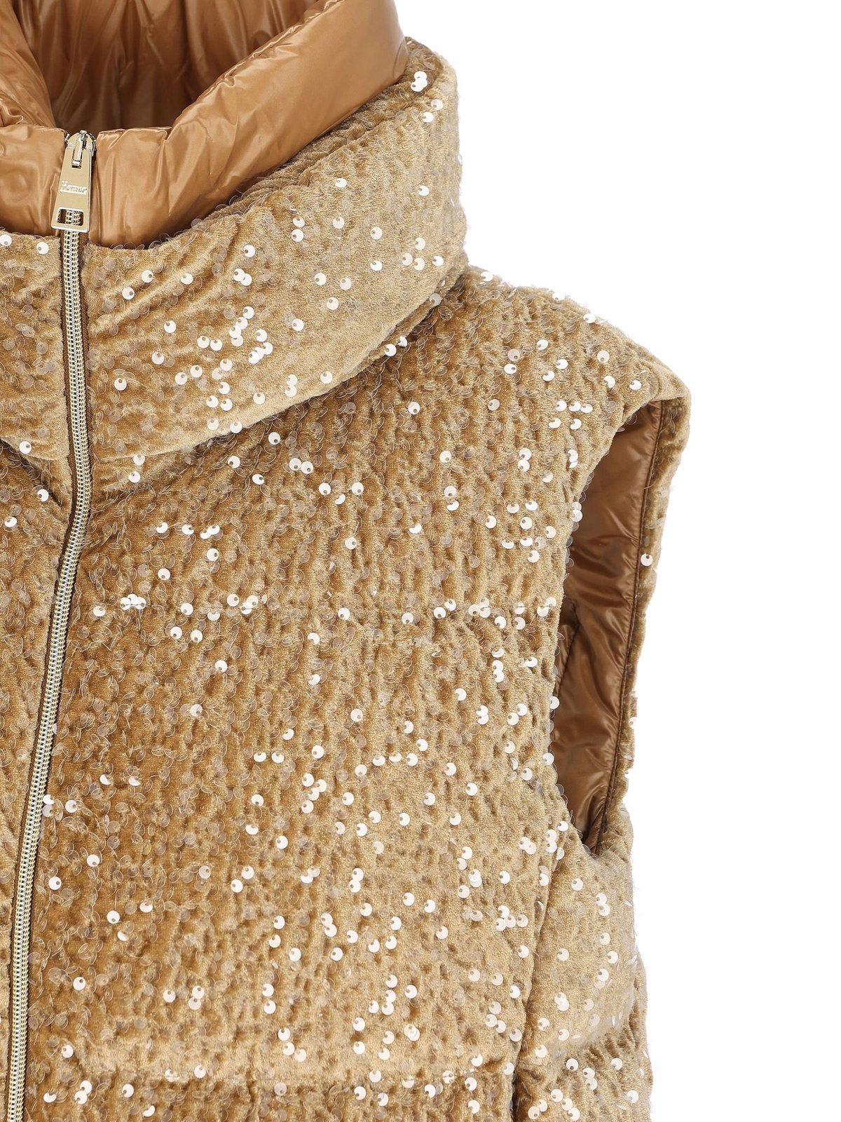 Shop Herno Sequin Embellished High Neck Jacket In Camel