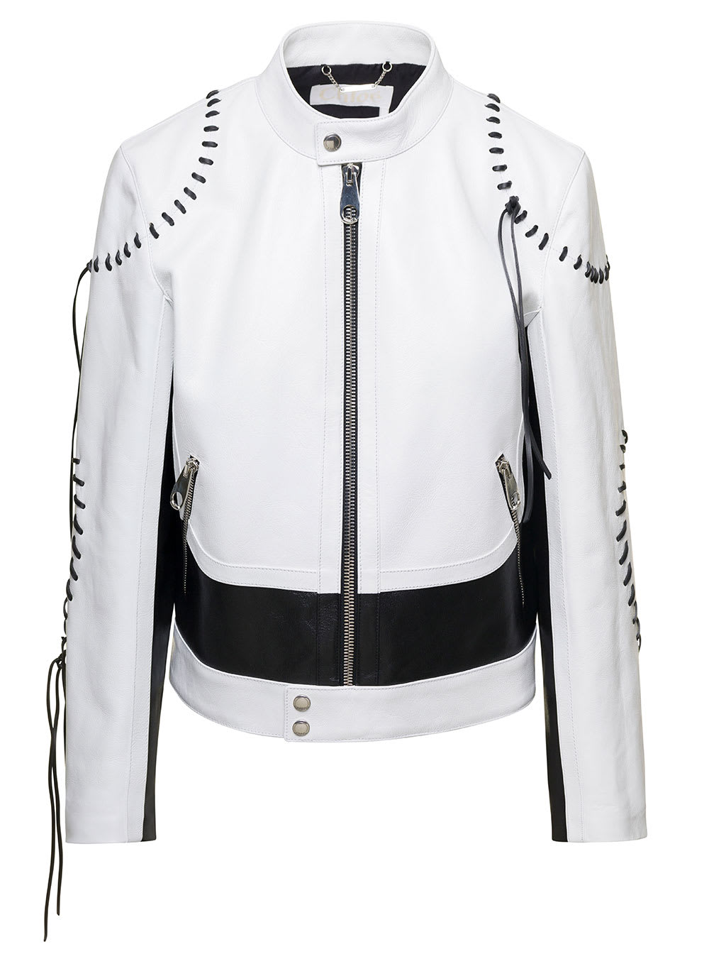 Chloé Whipstitched Two-tone Leather Biker Jacket In Black