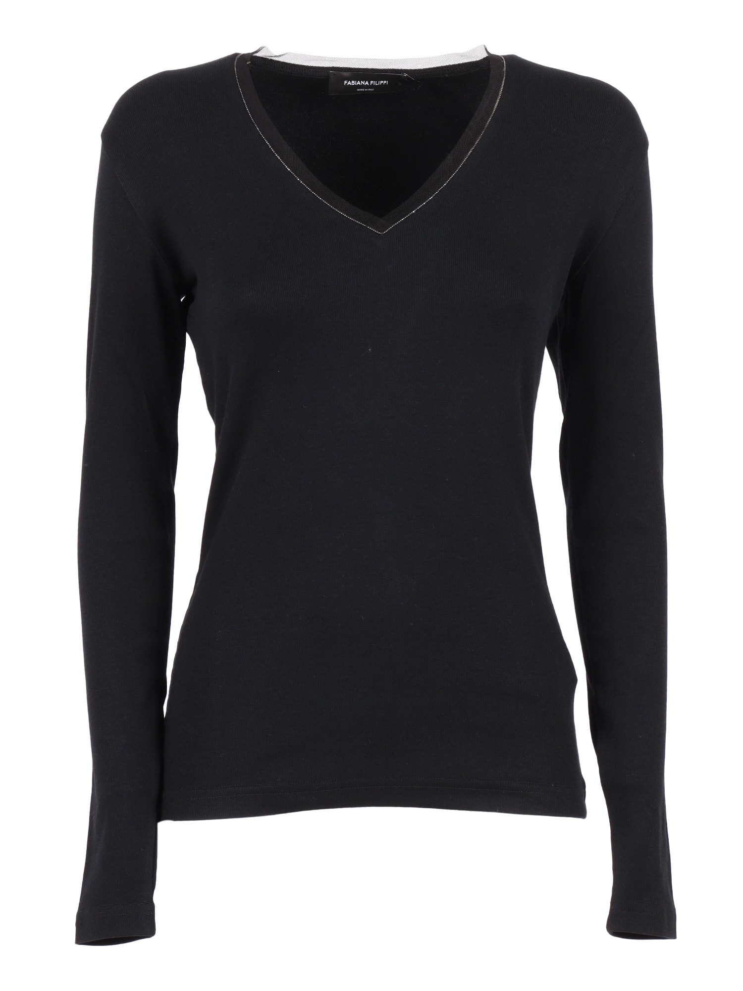 Fabiana Filippi Ribbed Cotton V Neck Long Sleeve T-shirt With Tulle Trim In Black