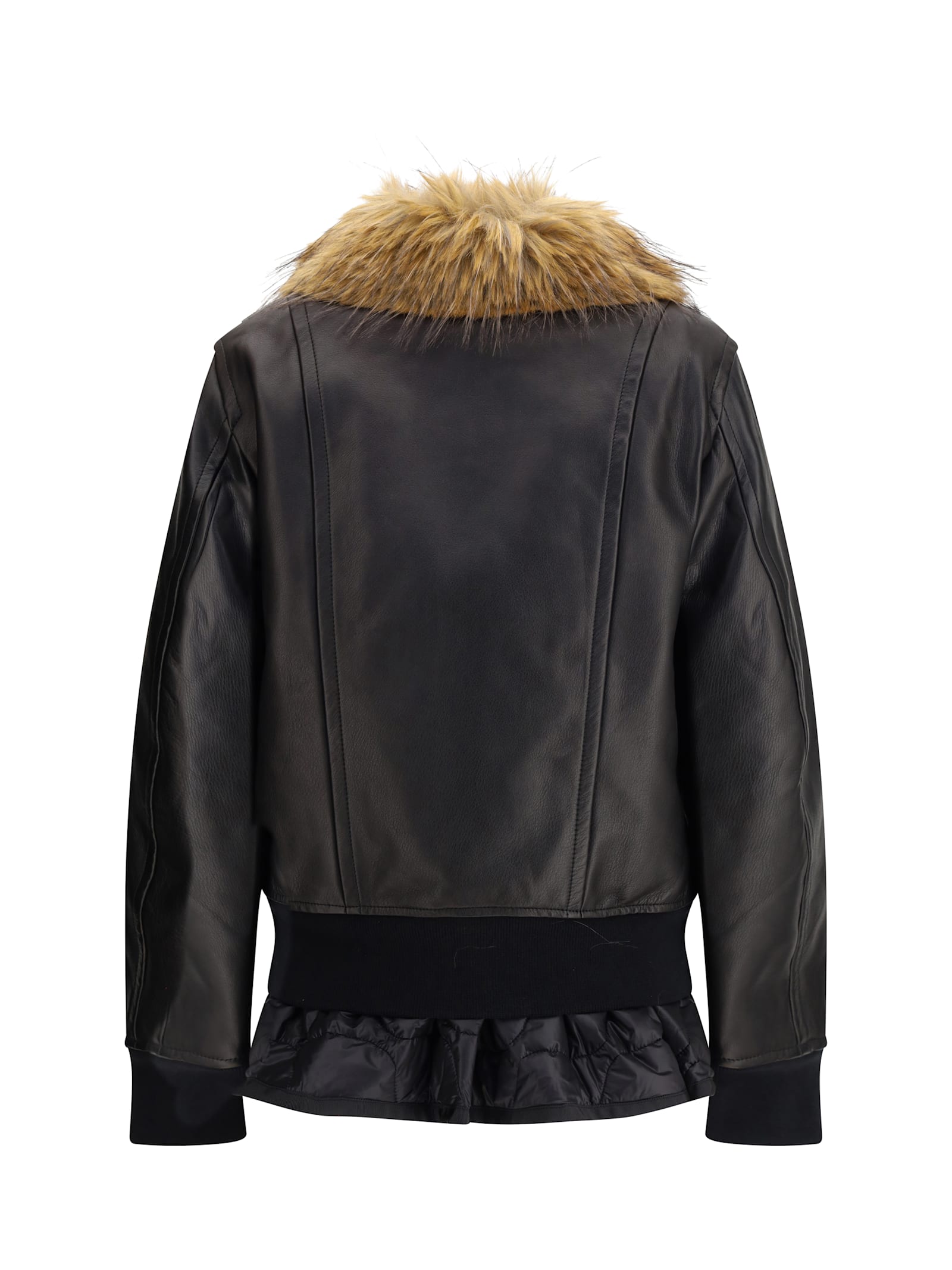 Sacai Leather Jacket With A Plush Collar In Black
