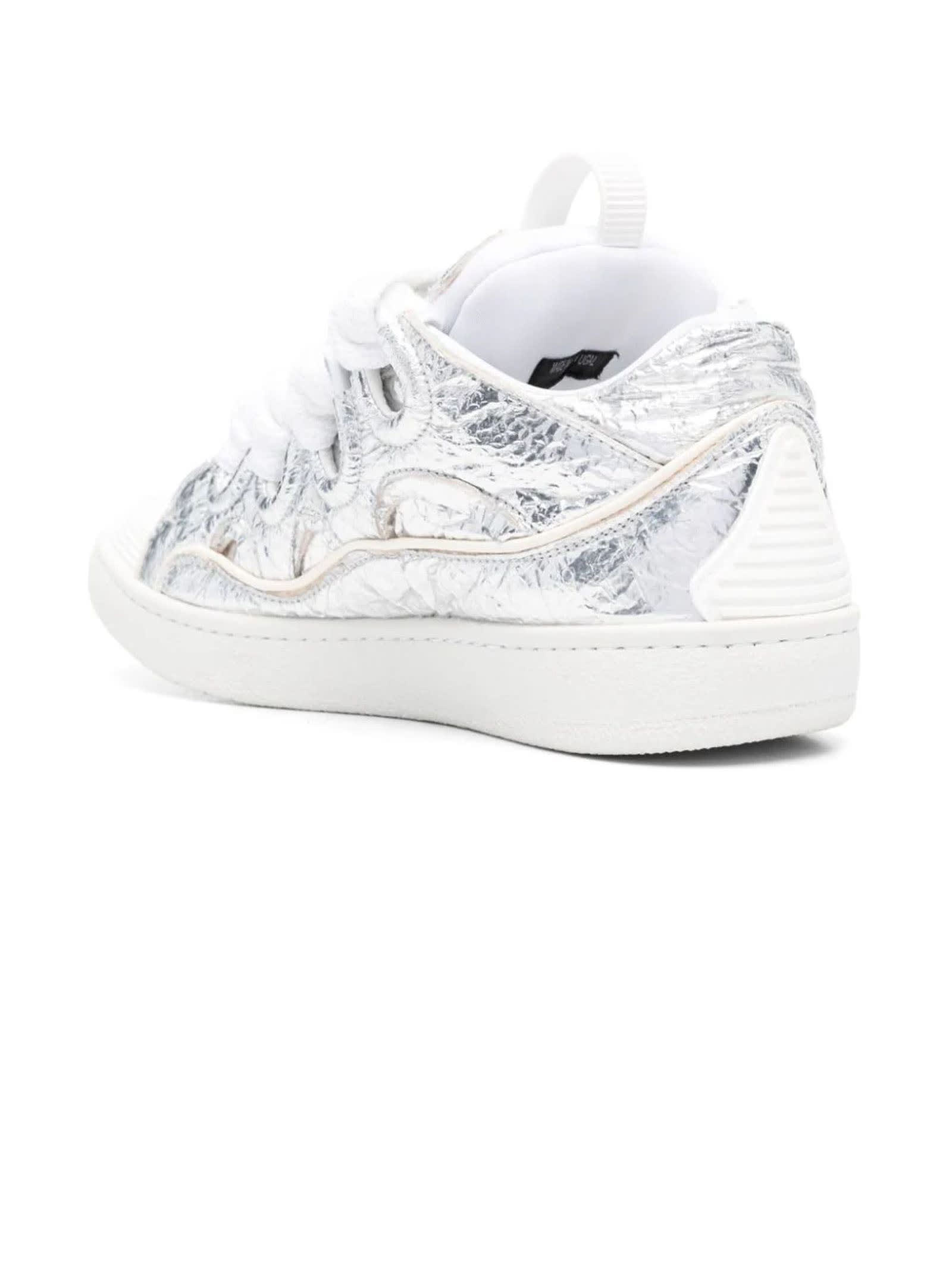 Shop Lanvin Curb Sneakers In Crinkled Metallic Leather In Silver