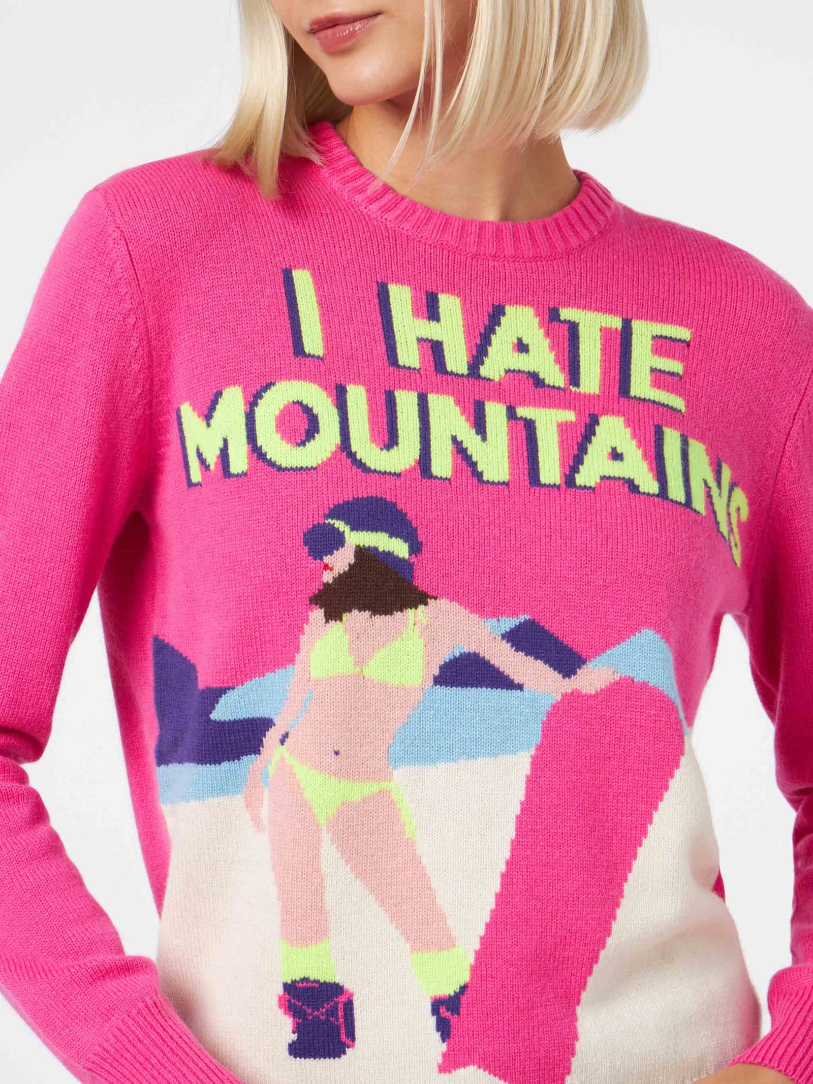 Shop Mc2 Saint Barth Woman Crewneck Fluo Pink Sweater With I Hate Mountains Postcard Print