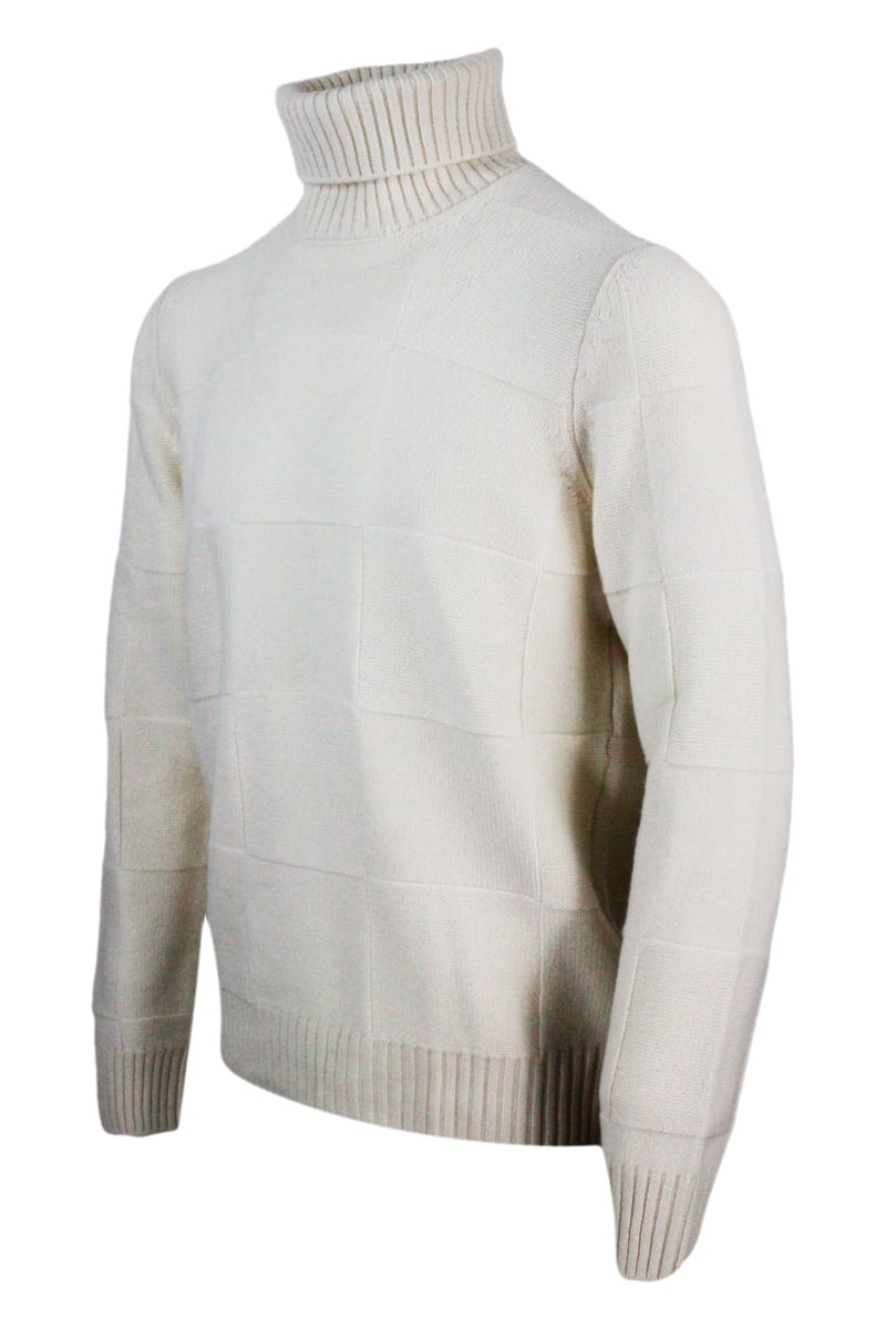 Barba Napoli Turtleneck Sweater In Pure And Soft Cashmere With Alternating Embossed Squares In White