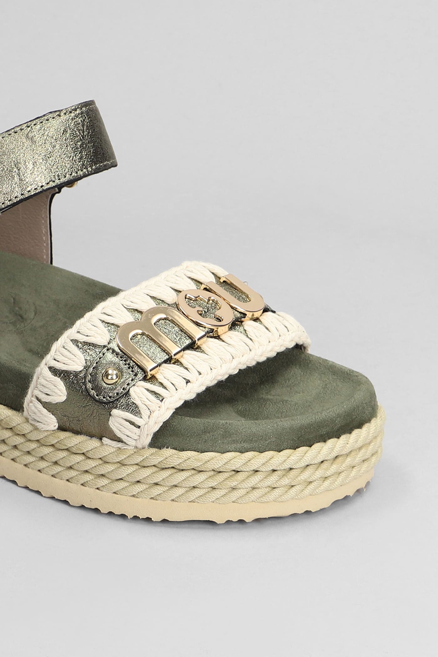 Shop Mou Rope Bio Sandal Flats In Green Suede And Leather