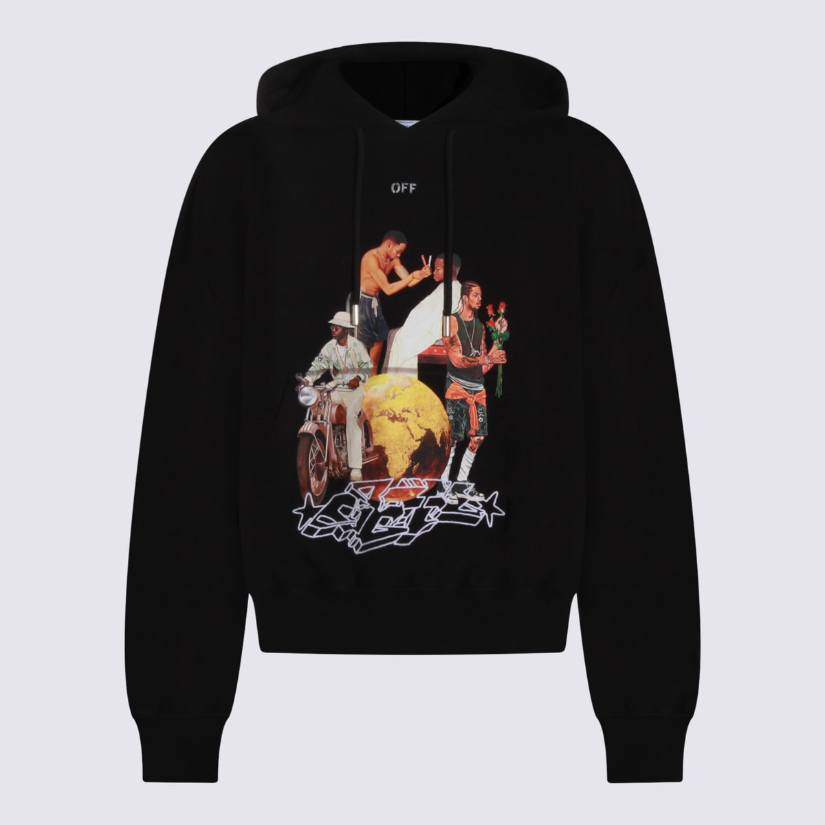 Off-white Hooded Sweatshirt With Graphic Print And Ribbed Cuffs In Black