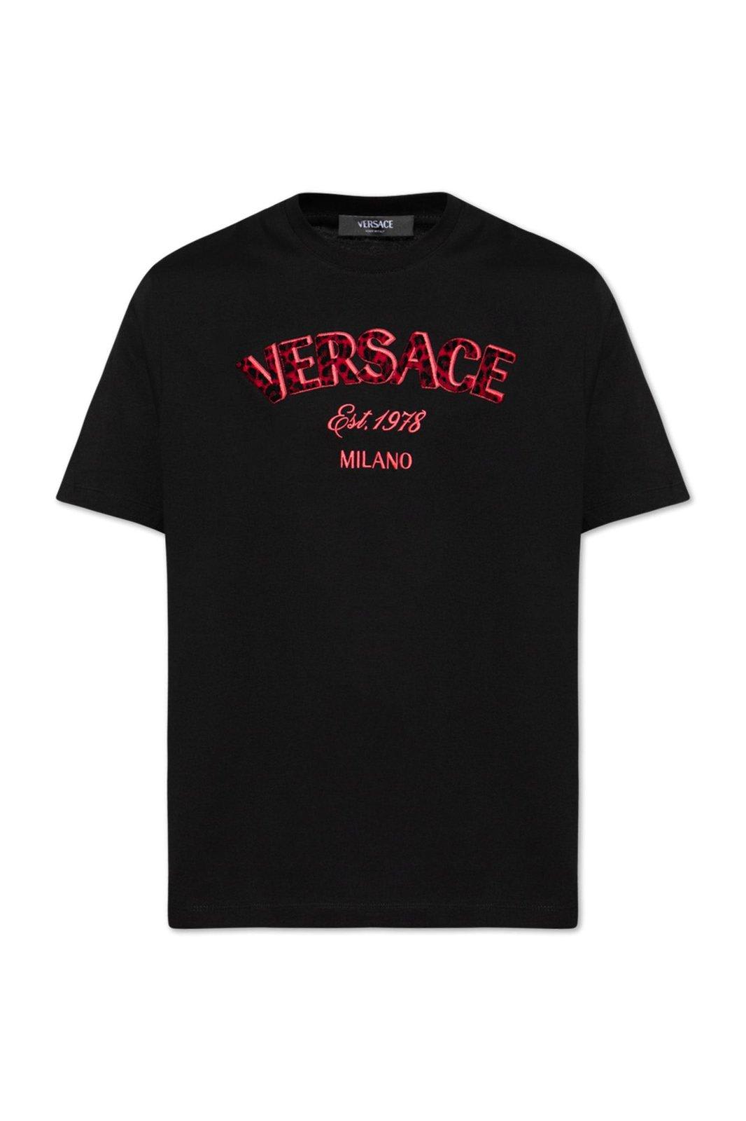 Shop Versace Logo-embroidered Crewneck T-shirt In Black