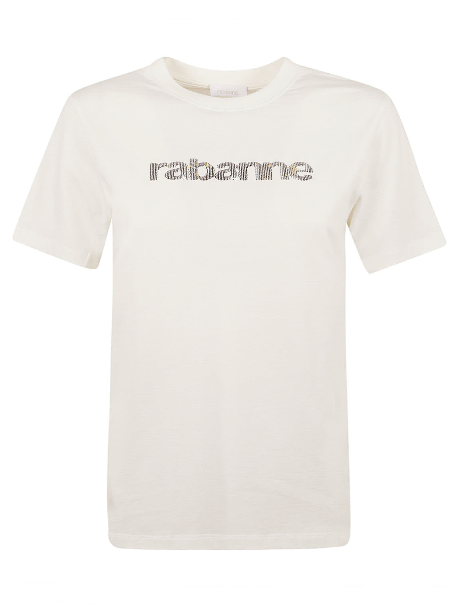 Shop Paco Rabanne Embellished Logo Regular T-shirt In Coconut