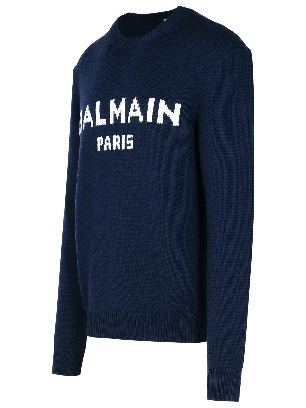 Shop Balmain Blue Merino Wool Blend Sweater In Bleu Marine/blanc