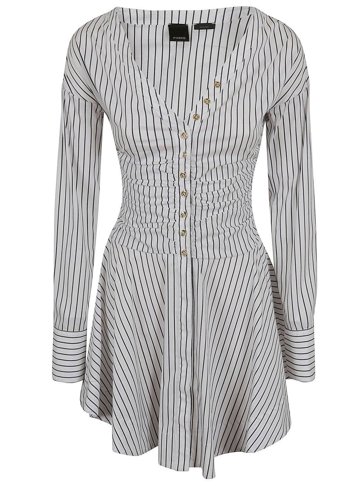 Shop Pinko V-neck Striped Mini Dress In Bianco E Nero