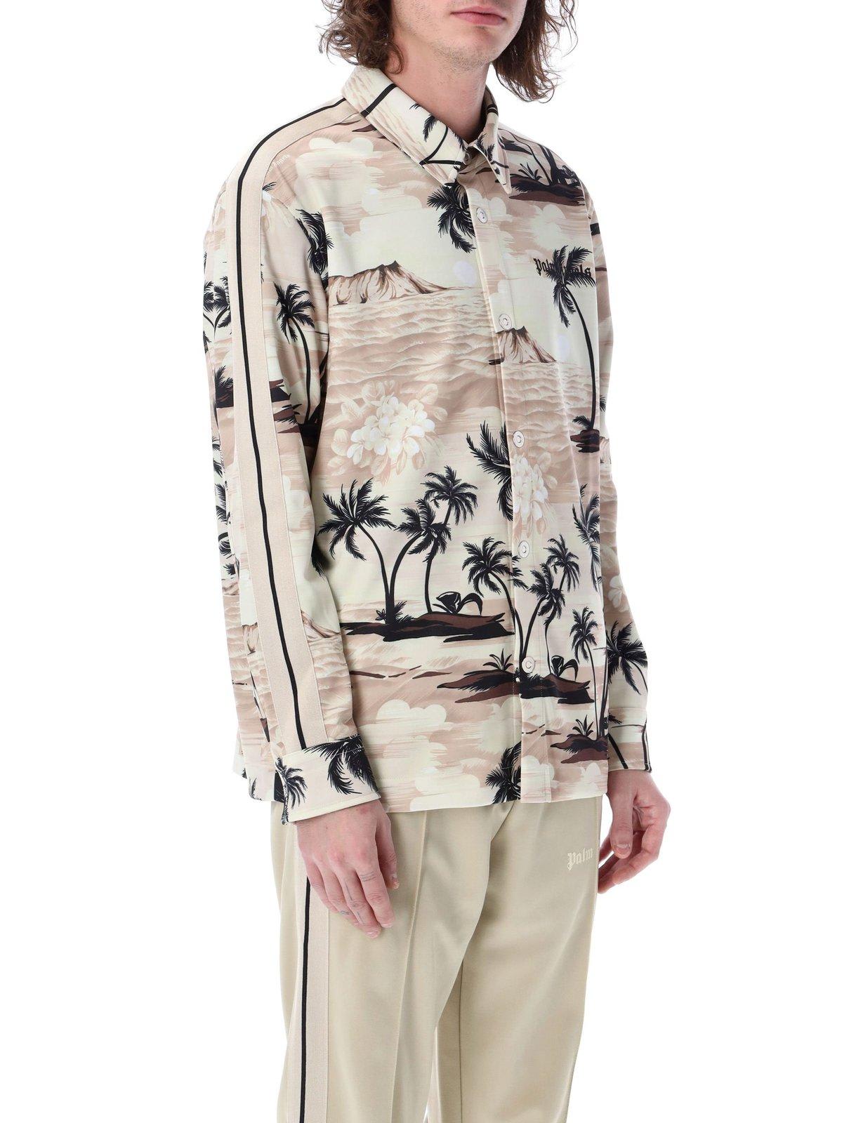 Shop Palm Angels Hawaiian Printed Long-sleeved Shirt In Neutrals