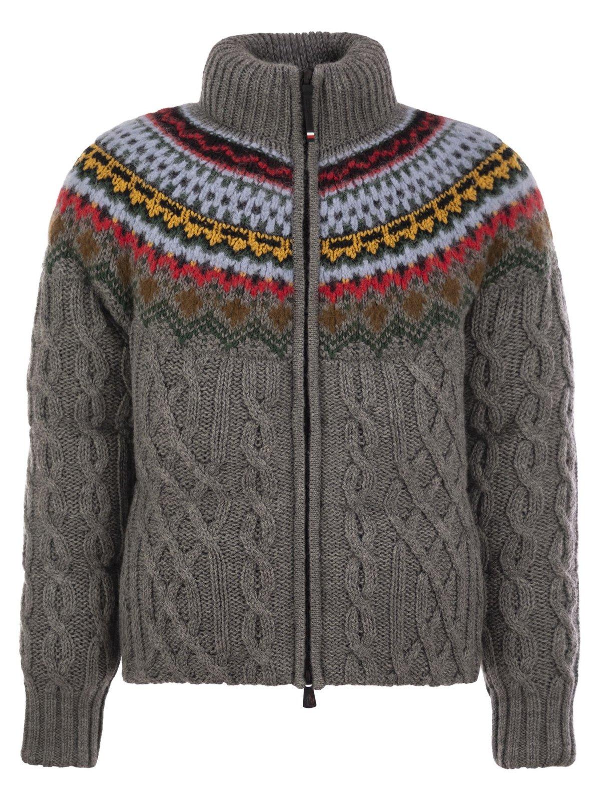 Shop Moncler Gerlos Cable-knit Short Down Jacket In Grey/blue