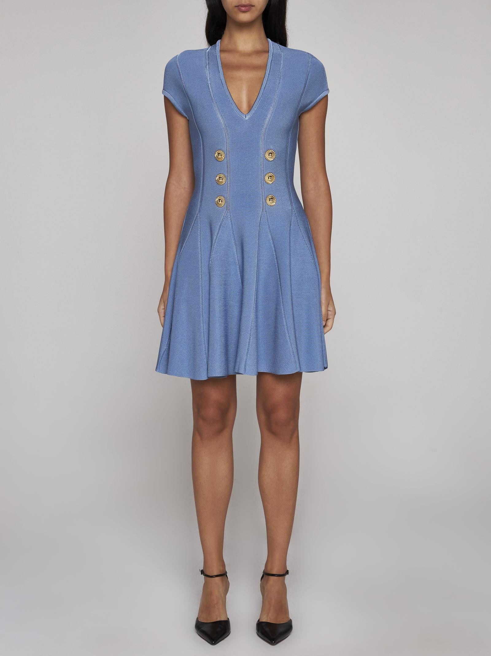 Shop Balmain Buttoned Knit Skater Mini Dress In Blue