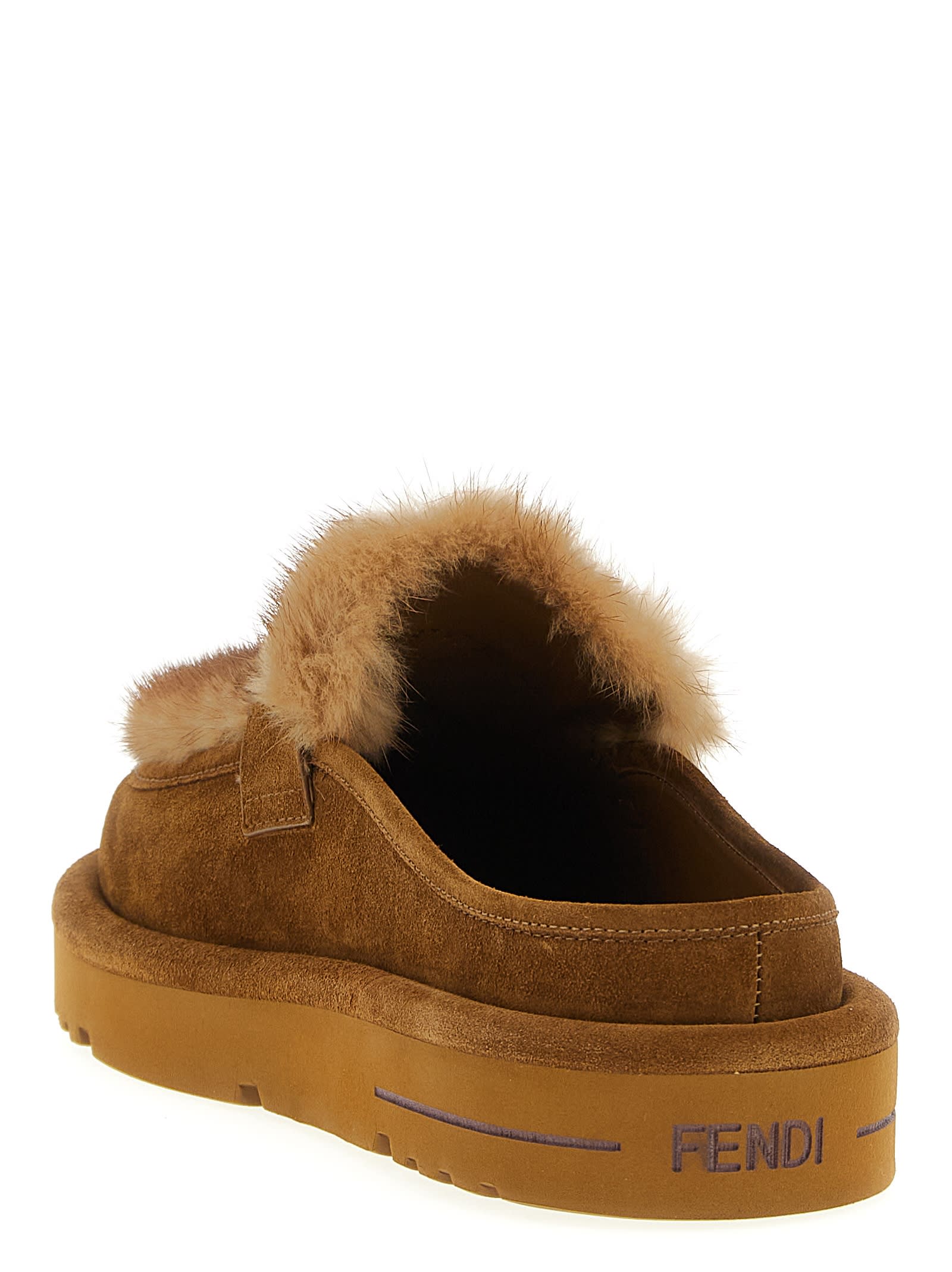 Fendi Apres Chic Brown Suede And Mink Sabots In Brown