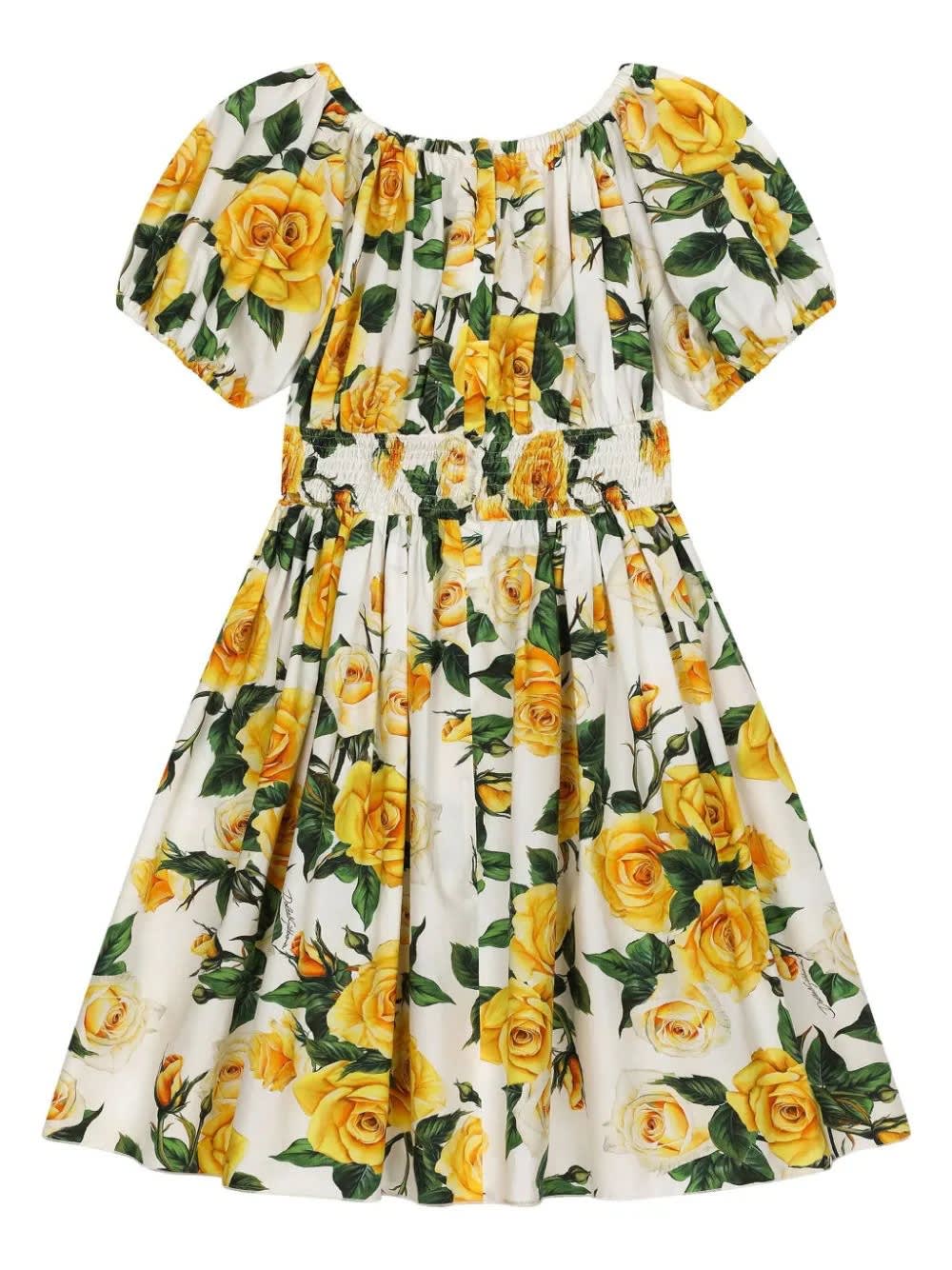 Shop Dolce & Gabbana Ruffled Dress With Yellow Roses Print In White