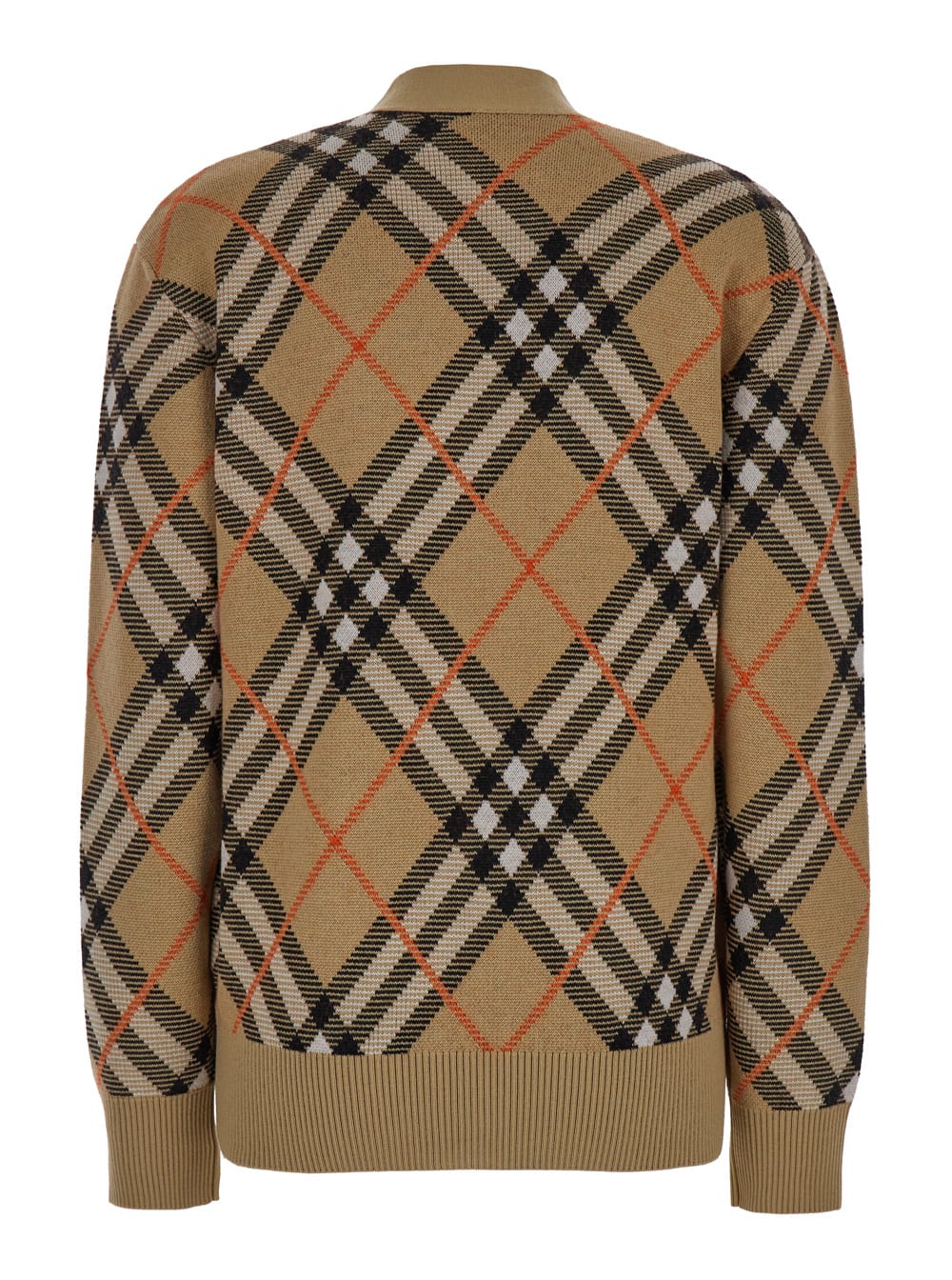 Shop Burberry Beige Cardigan With Check Motif In Wool And Mohair Woman