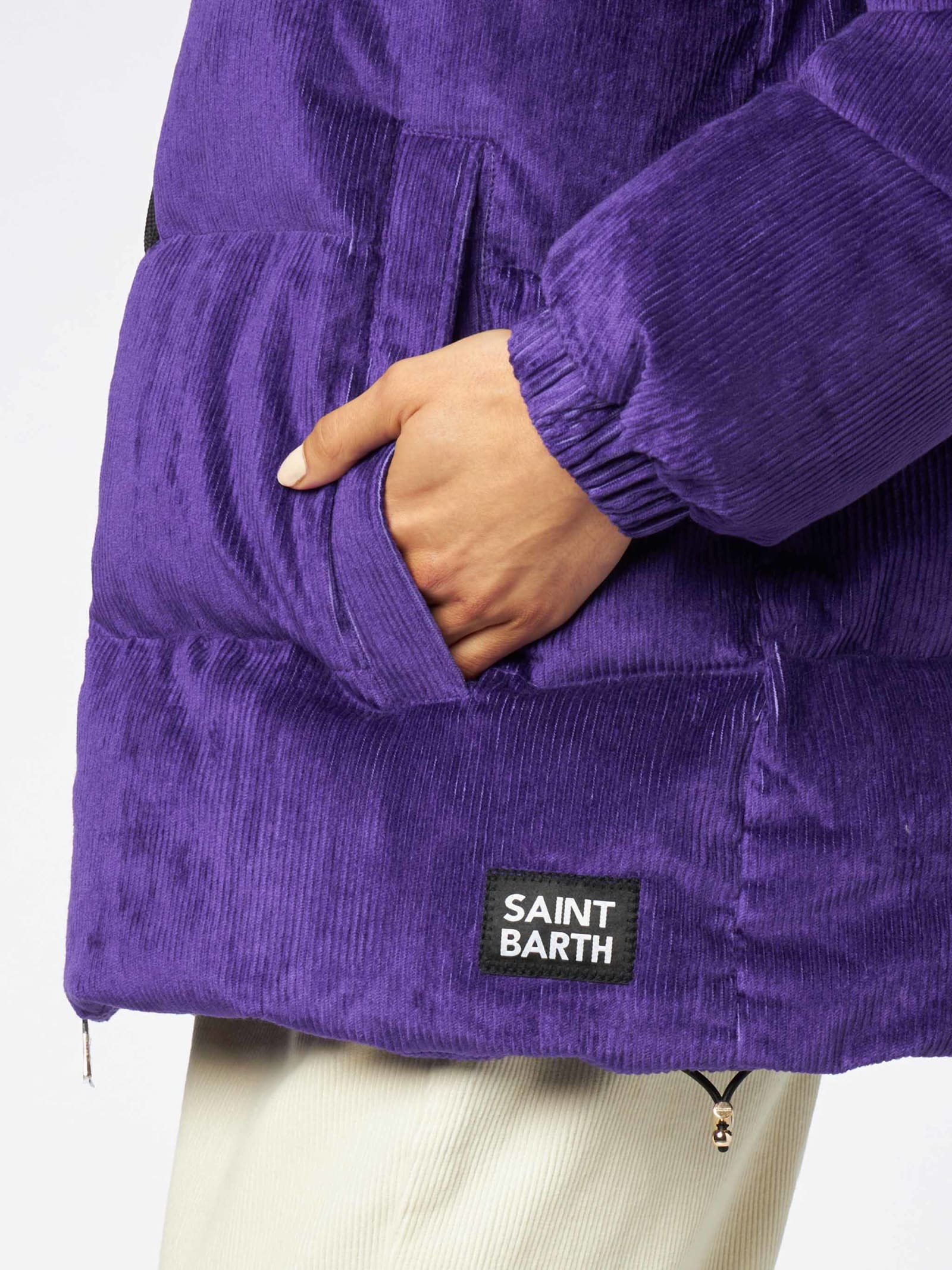 Mc2 Saint Barth Woman Purple Corduroy Down Padded Jacket With Hoodie In Pink