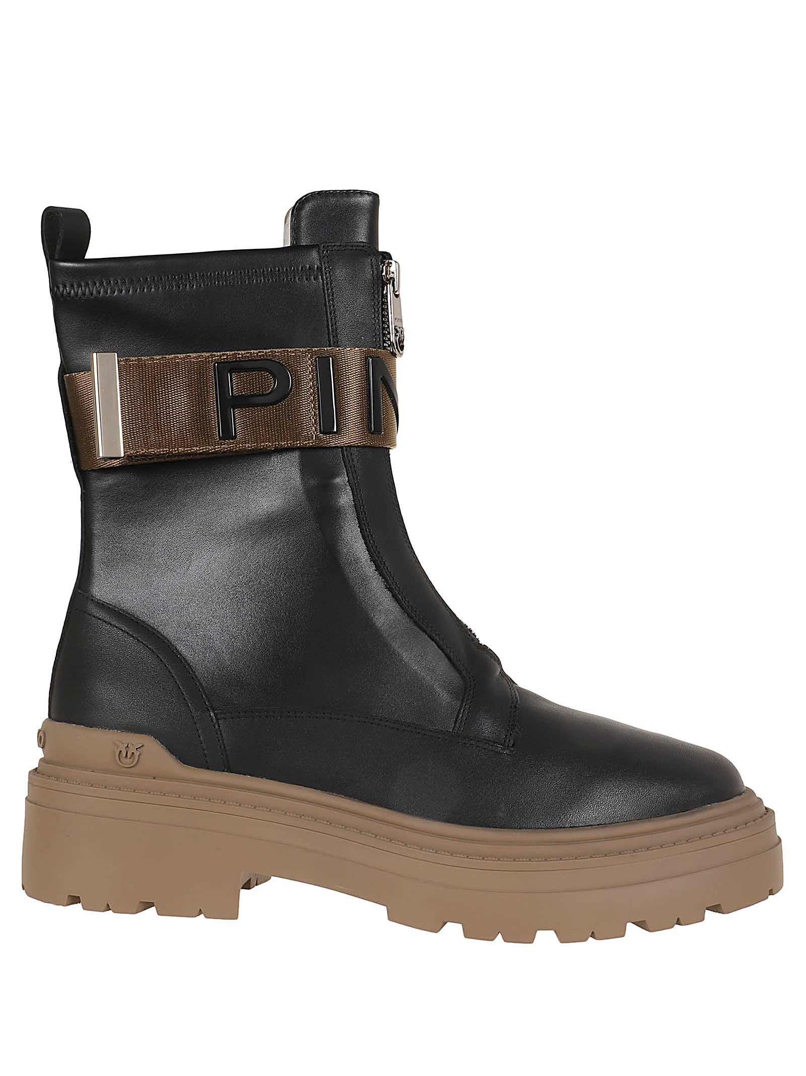 Pinko Stretch Leather Biker Lace-up With Gold Buckle In Black