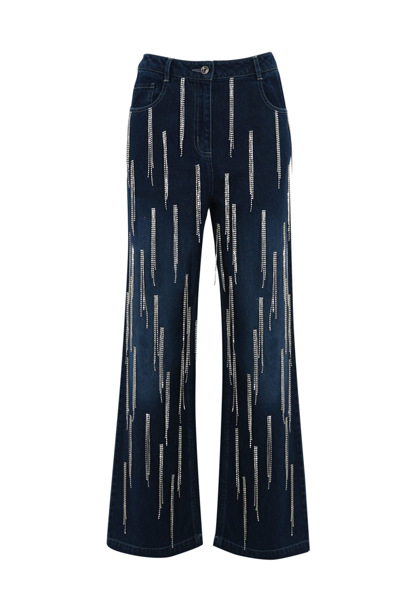 Denim Trousers With Hanging Rhinestones