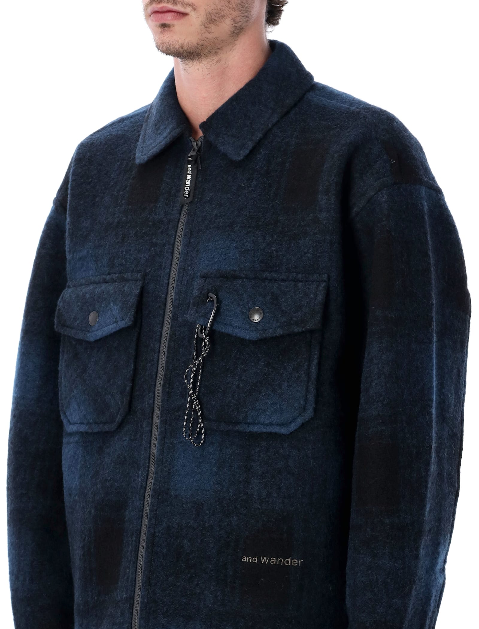 And Wander 50 Wool Shaggy Zip Jacket In Blue