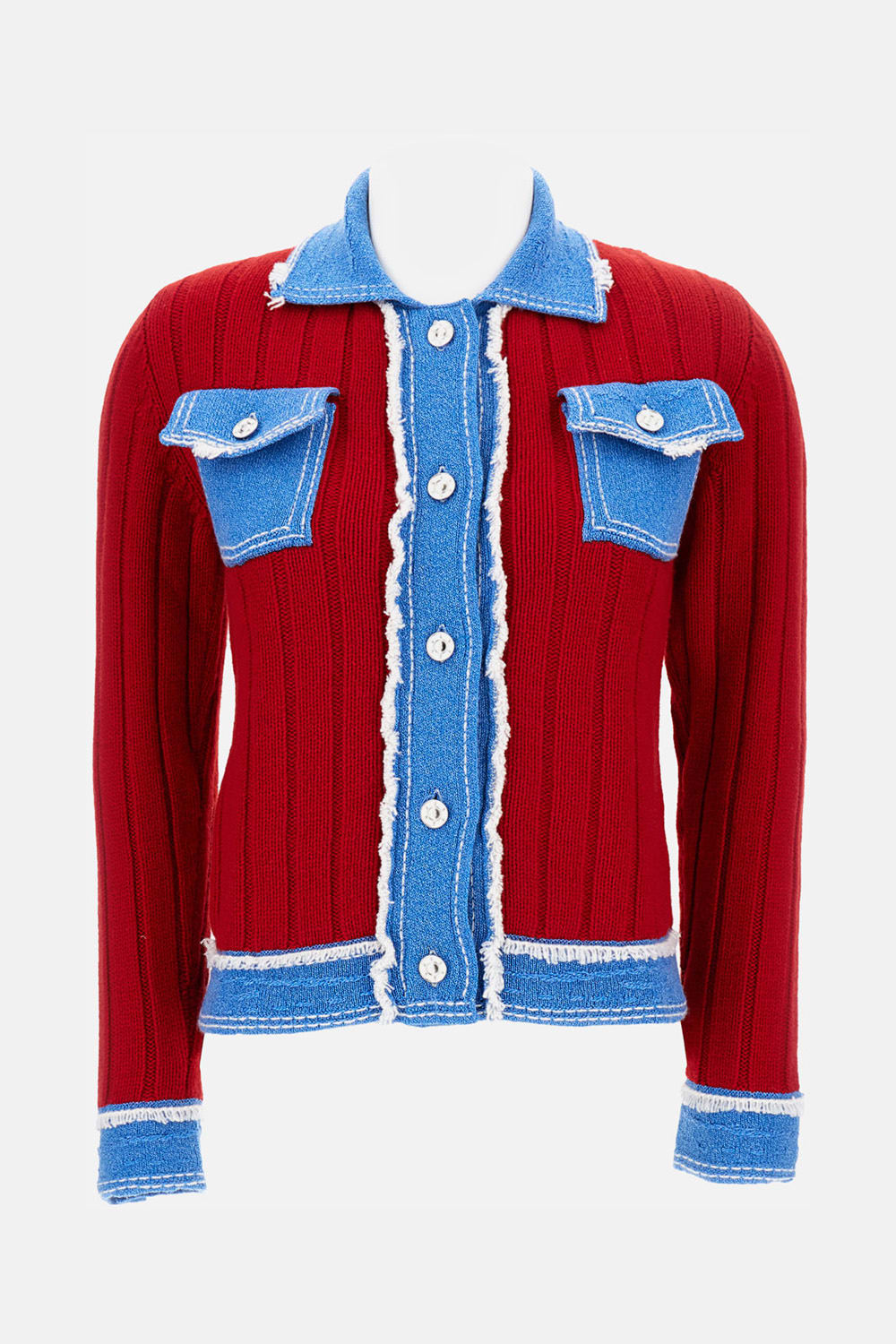 Barrie Ribbed-knit Denim-trimmed Jacket In Red