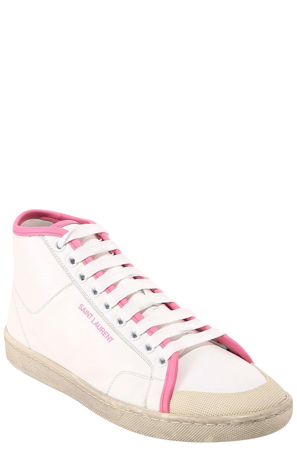 Shop Saint Laurent Logo Mid-top Sneakers In White