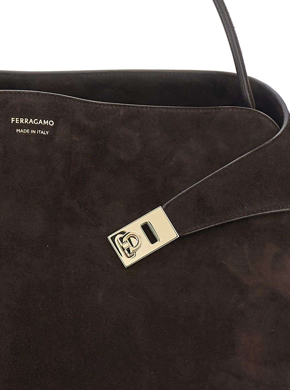 FERRAGAMO HUG BROWN SHOULDER BAG WITH LOGO PRINTED ON FRONT IN SUEDE WOMAN