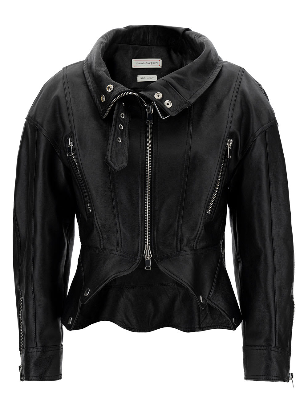 ALEXANDER MCQUEEN BLACK BIKER JACKET WITH ZIP AND CUT-OUT IN SMOOTH LEATHER WOMAN