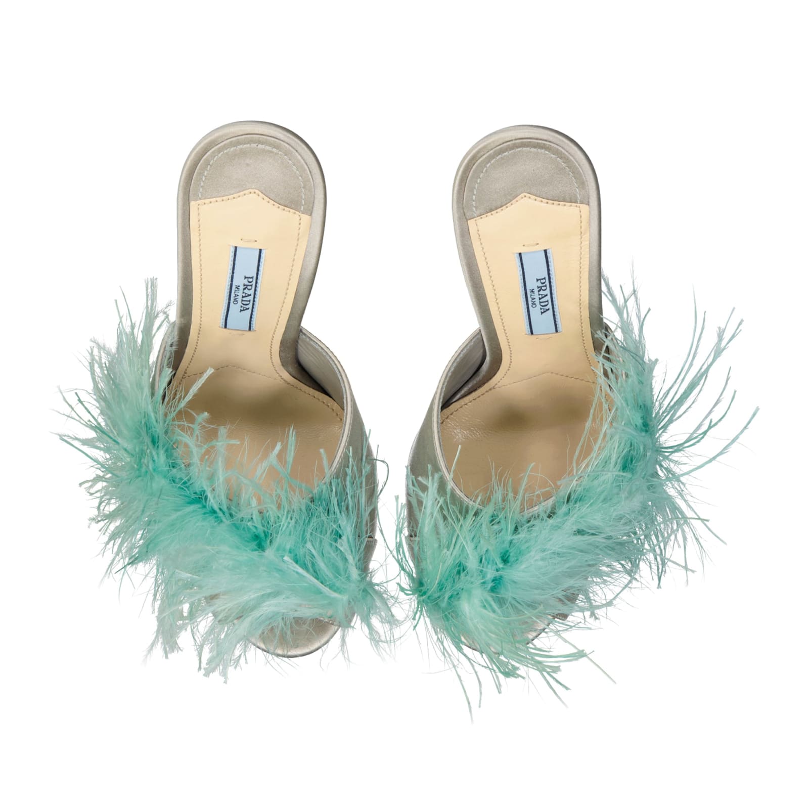 Shop Prada Silk End Feathers Sandals In Beige