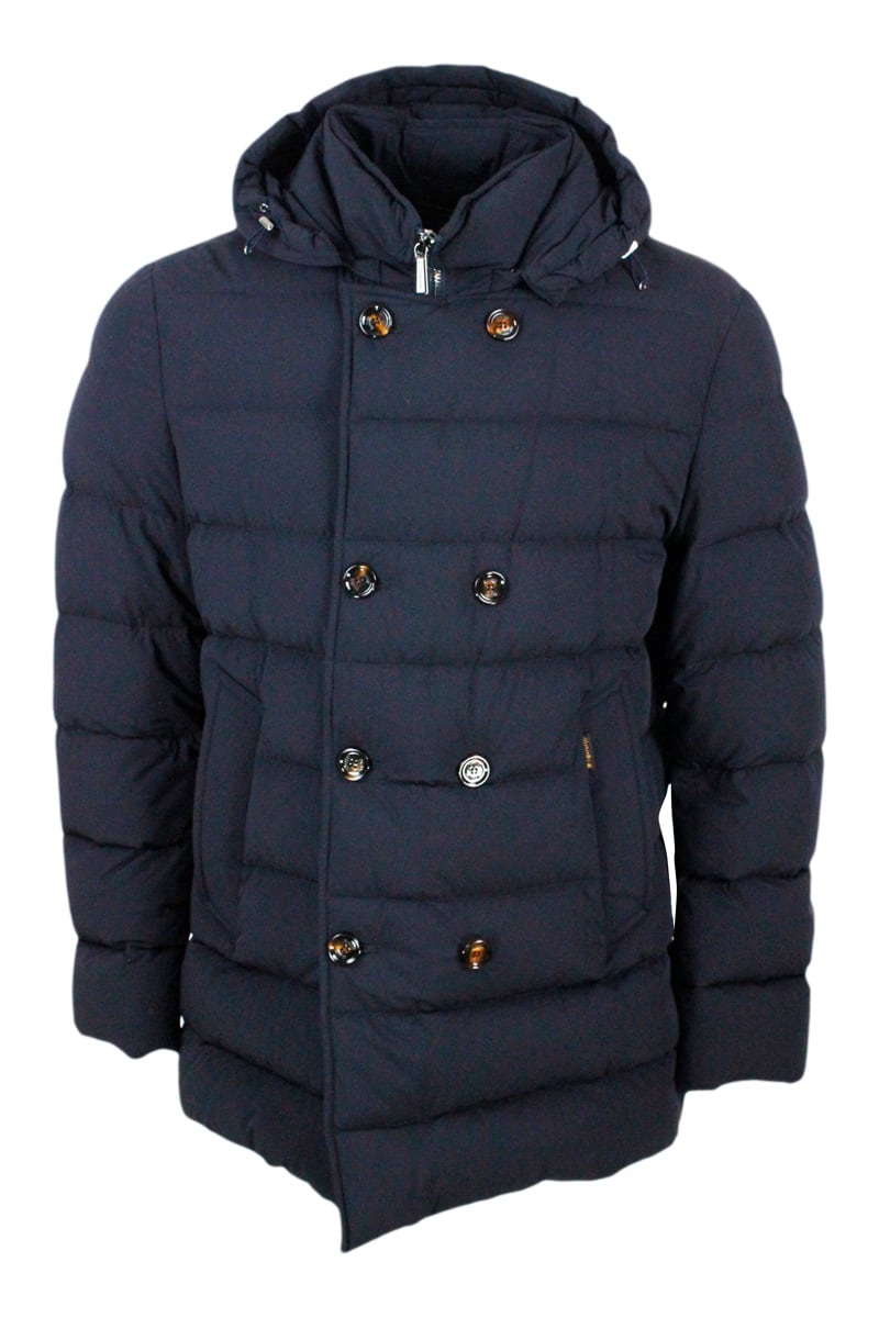 Moorer Double-breasted Peacot Jacket Padded With Real Goose Down With Adjustable And Removable Hood With Zip Closure.