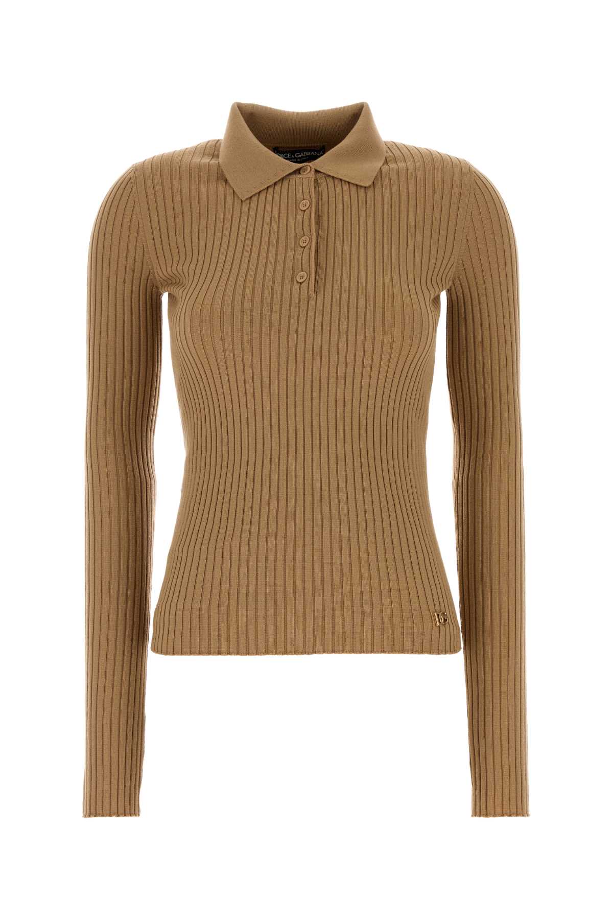 Dolce & Gabbana Camel Stretch Wool Blend Polo Shirt In Brown