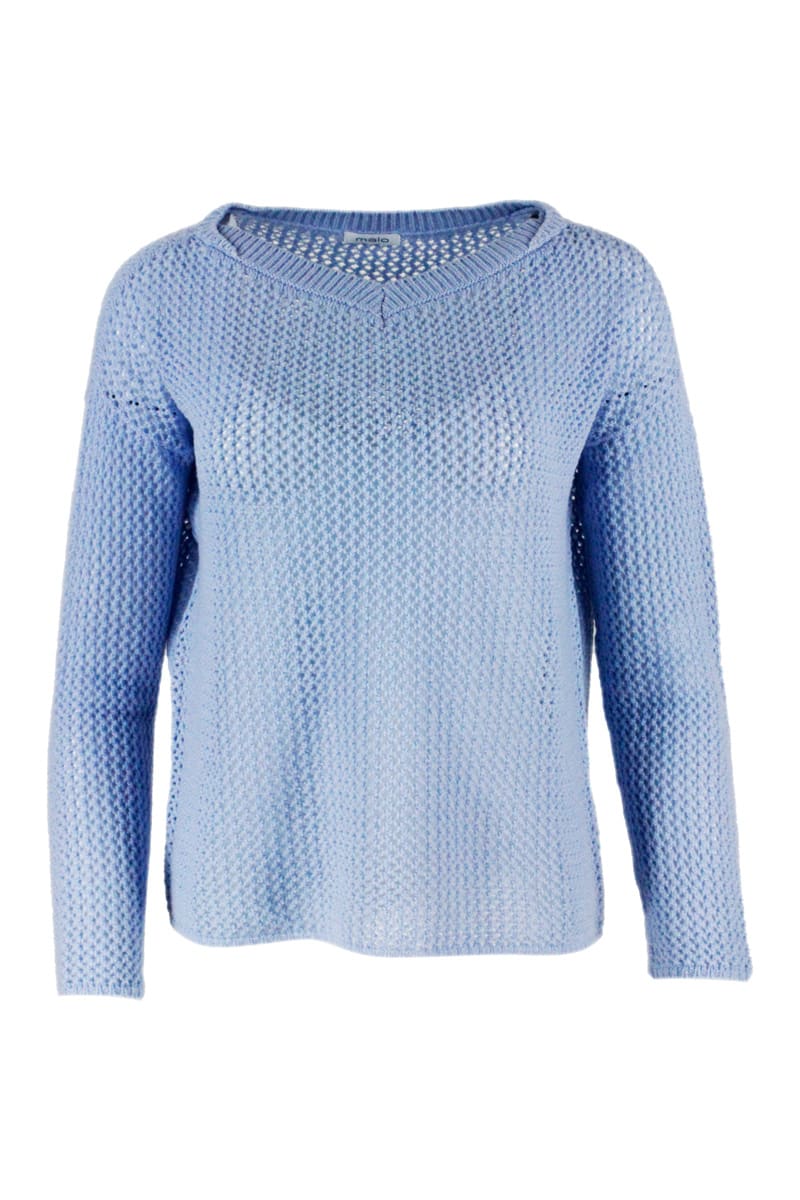 Malo Oversized Sweater With Perforated V-neck In Cashmere With Long Sleeves