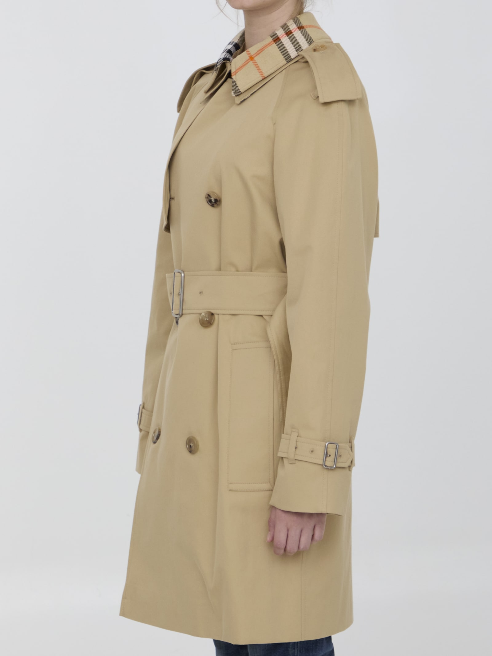 Shop Burberry Raincoat With Check Collar In Beige