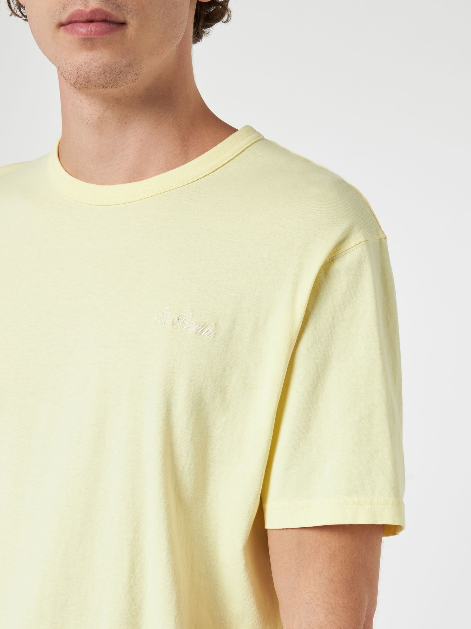 Mc2 Saint Barth Man Pale Yellow Cotton Jersey T-shirt Dover With St. Barth Embroidery In Yellow