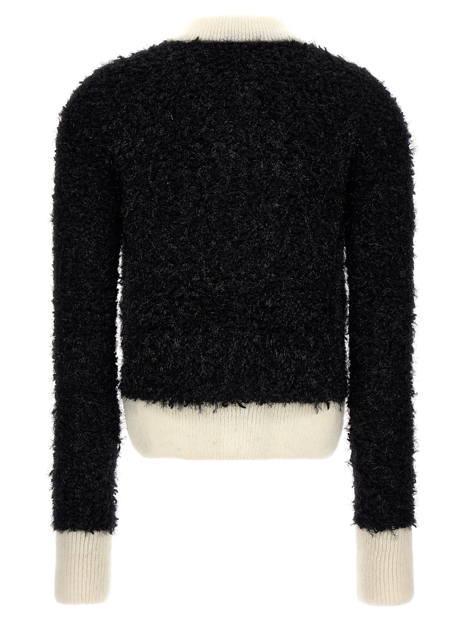 Shop Balmain Furry Tweed Cardigan In White/black