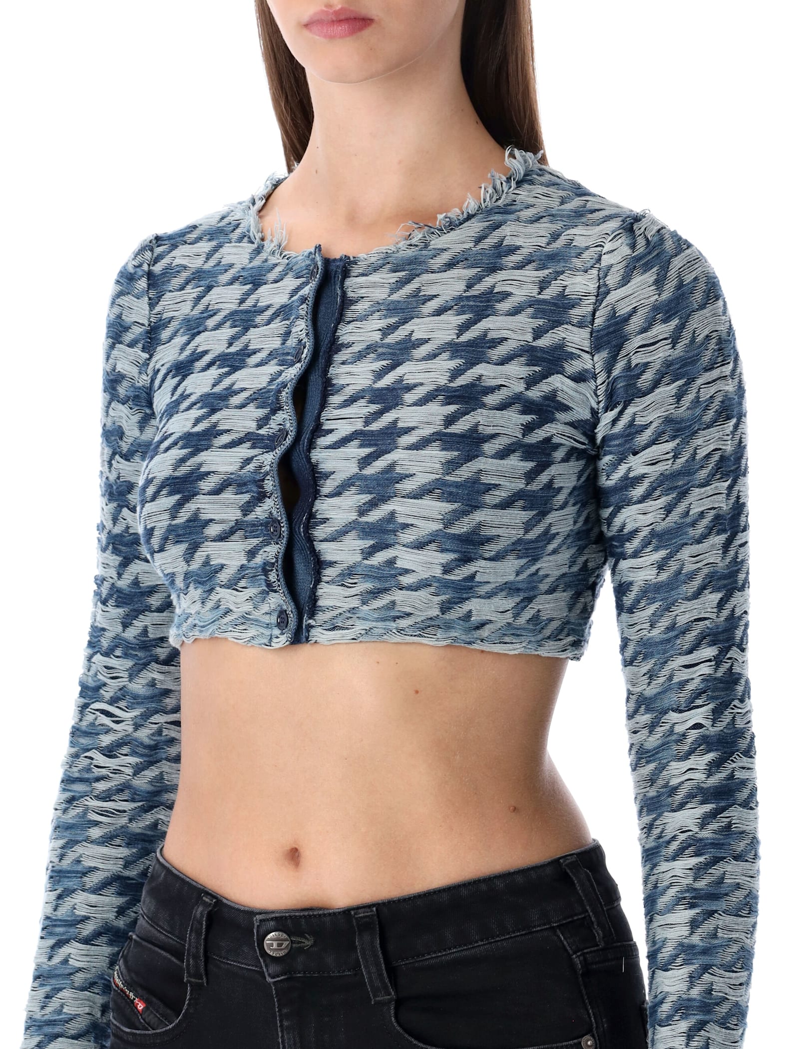 Diesel Blue Cropped Houndstooth Cardigan In Multi