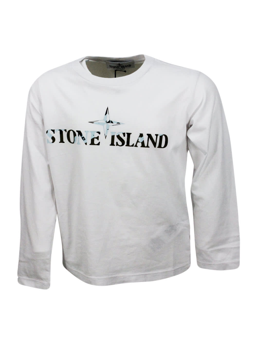Shop Stone Island T-shirt A Girocollo A Manica Lunga In 100% Cotone Con Logo Sul Petto In White