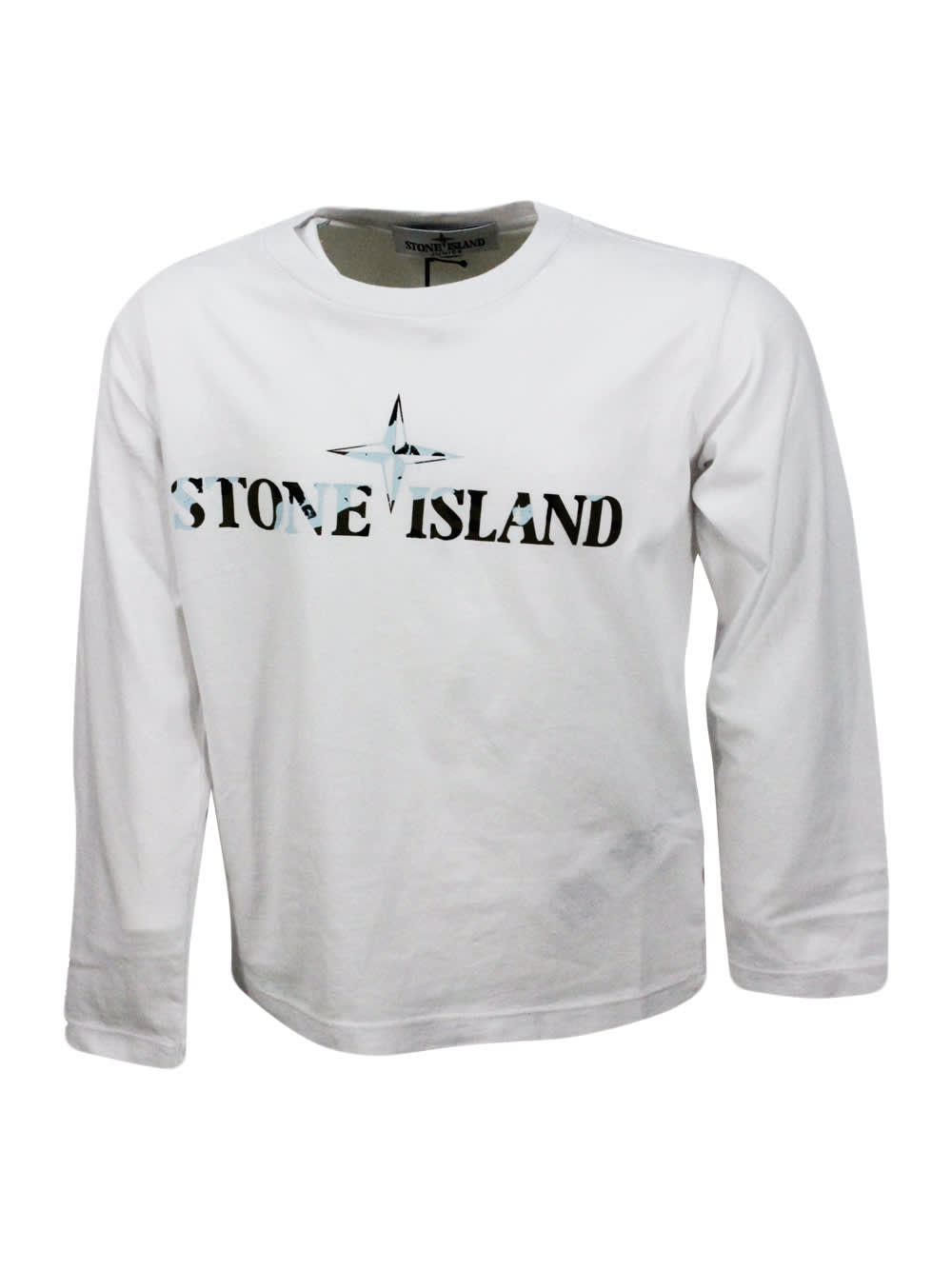 Stone Island T-shirt A Girocollo A Manica Lunga In 100% Cotone Con Logo Sul Petto In White
