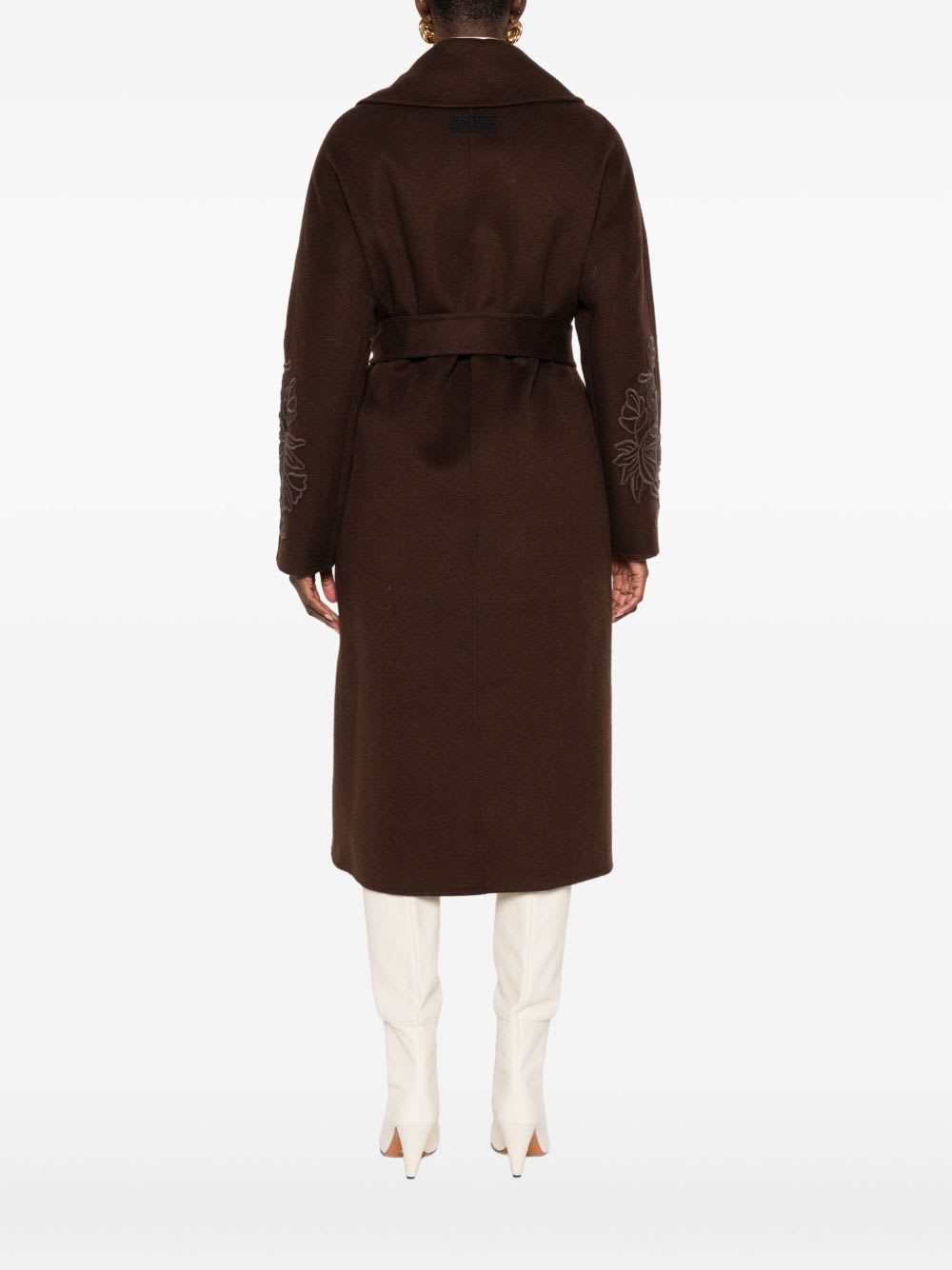 Ermanno Firenze Floral-embroidery Belted Coat In Brown