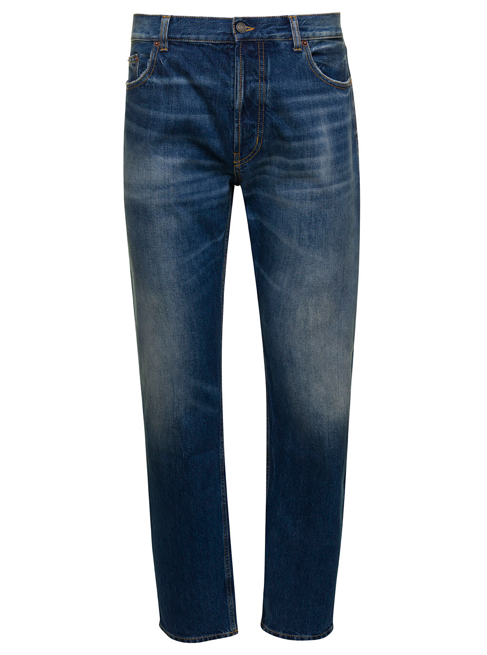 Saint Laurent Blue Straight Jeans With Logo Patch In Cotton Denim Man In Light Blue